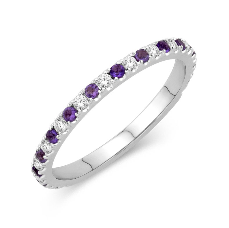 Alternating Amethyst Diamond Ring in 14K White Gold, Size 6.5