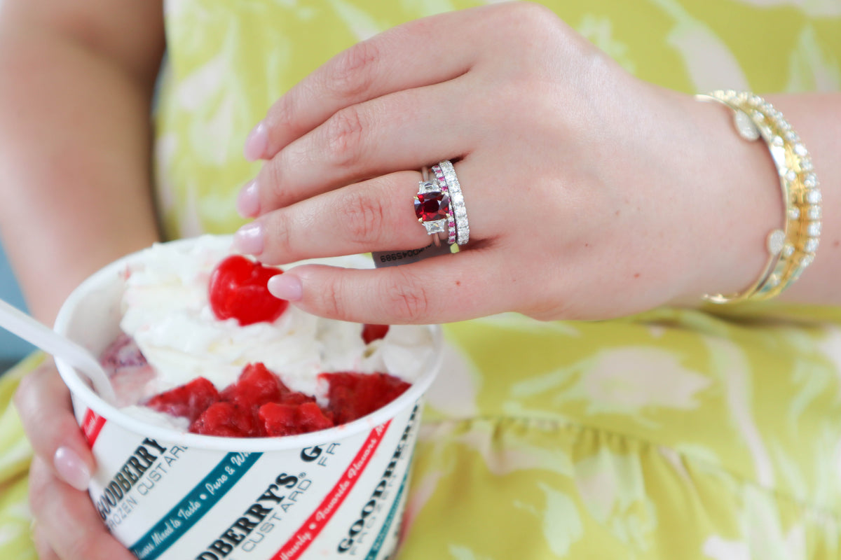 Alternating Ruby Diamond Ring in 14K White Gold, Size 6.5
