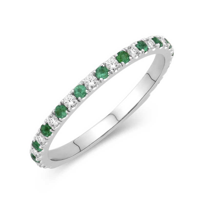 Alternating Emerald Diamond Ring in 14K White Gold, Size 6.5