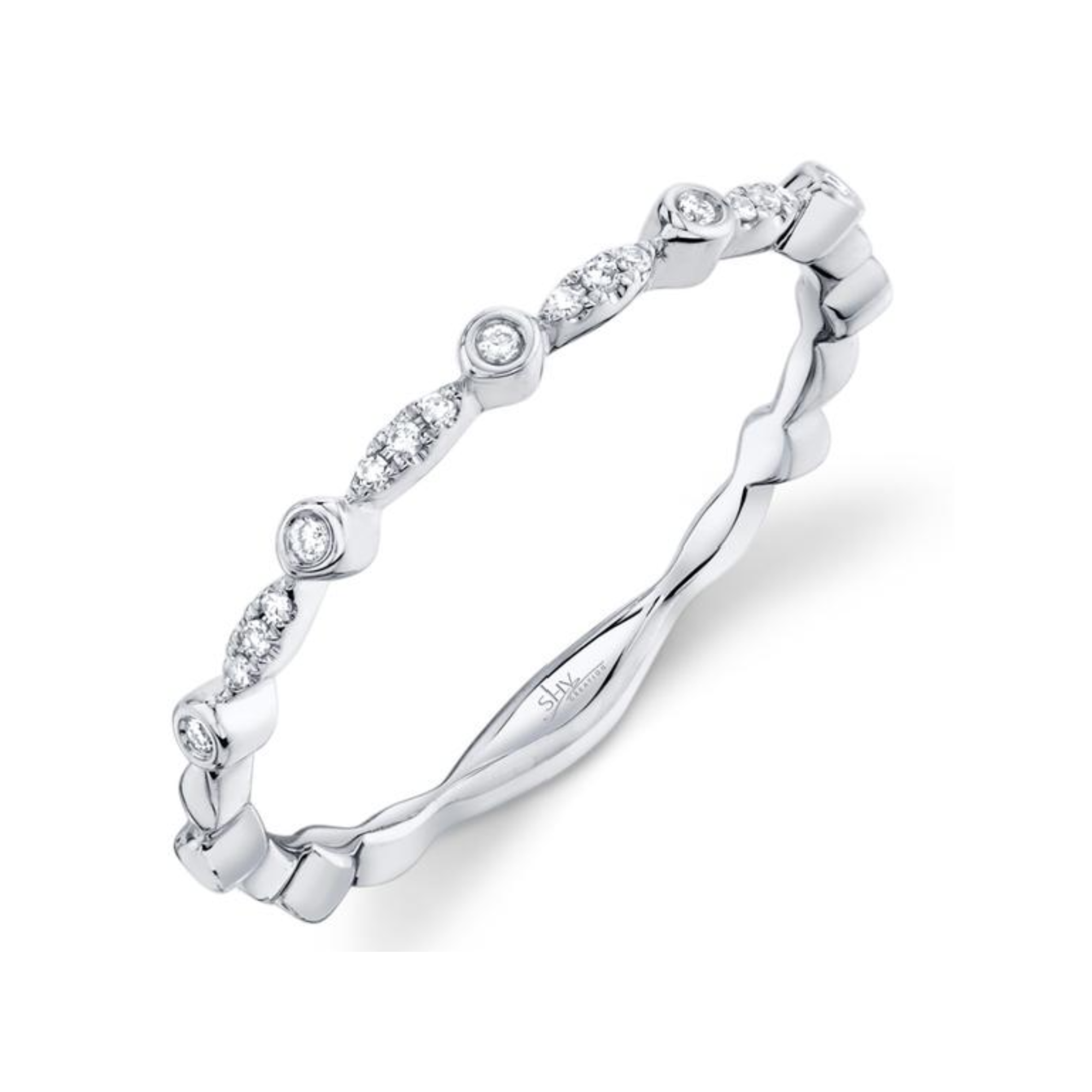 Alternating Bezel & Pave Diamond Ring in 14K White Gold, Size 7