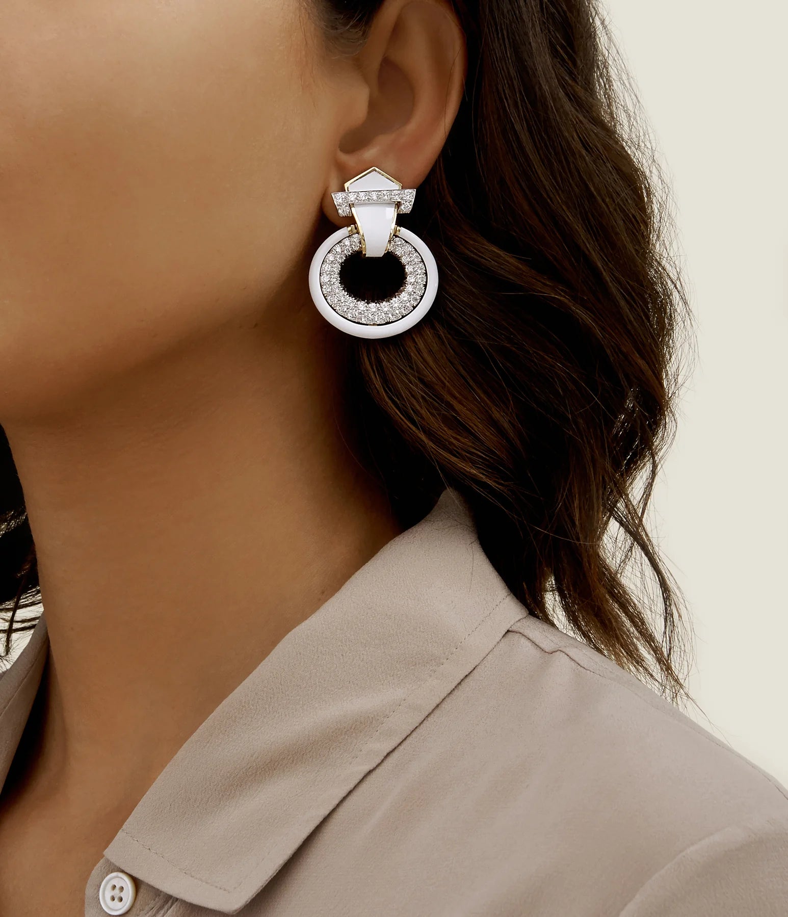 David Webb White Enamel Doorknocker Earrings in 18K Yellow Gold