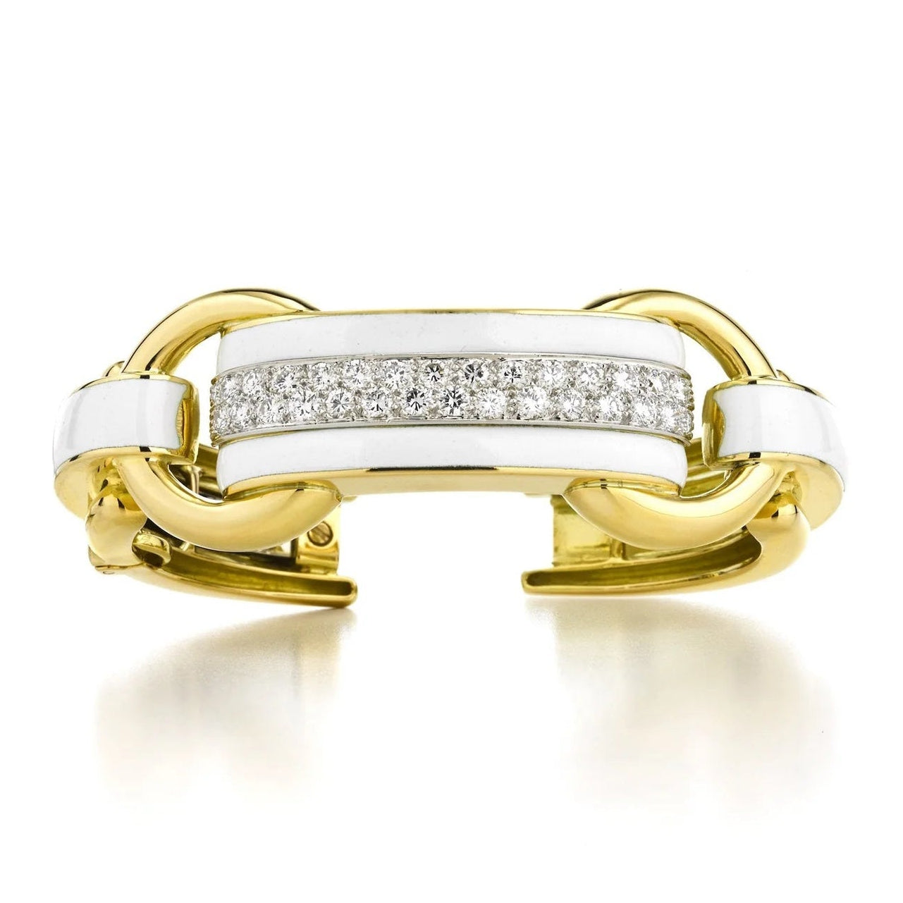 David Webb Bridle White Enamel Cuff in 18K Yellow Gold