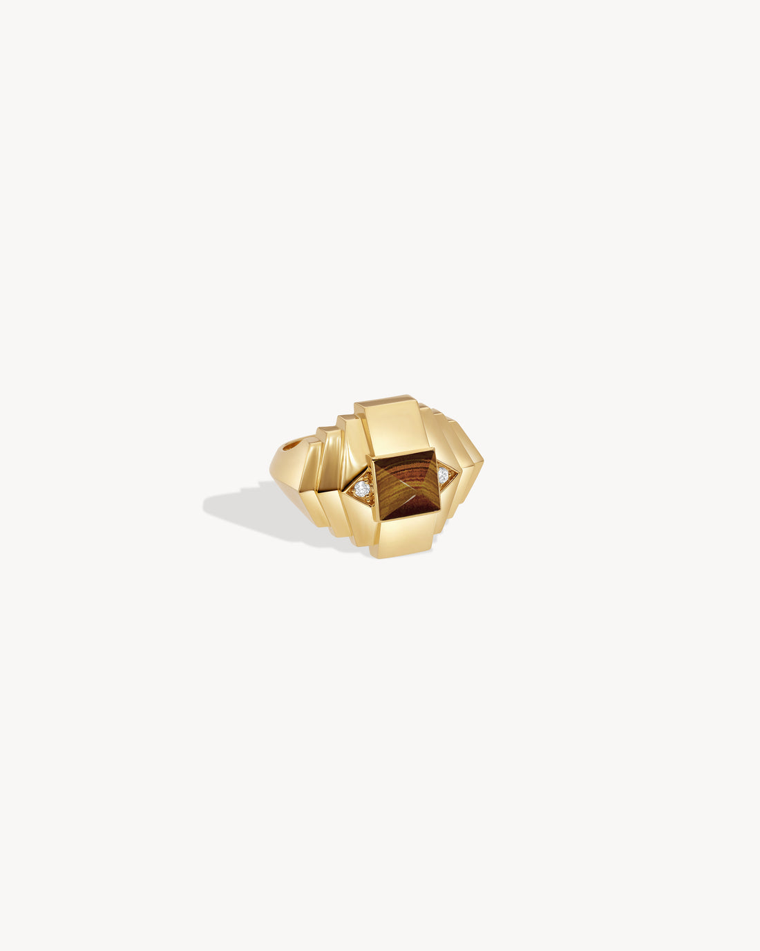 Statement Paris Tiger's Eye Rockaway Mini Pyramid Ring in 18K Yellow Gold, Size 6