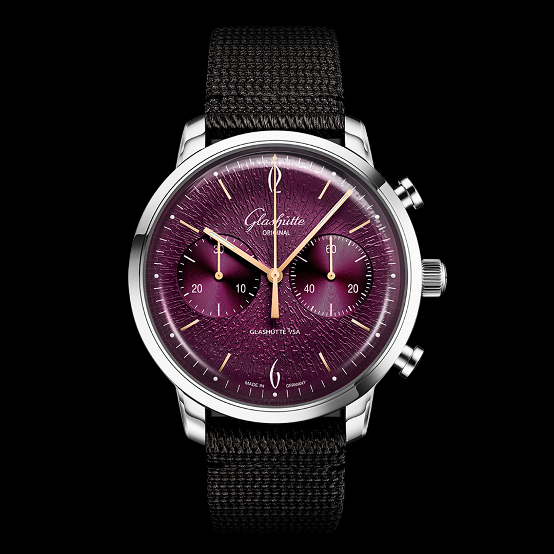 Glashutte Original Sixties Chronograph Watch with Purple Case and Black Strap