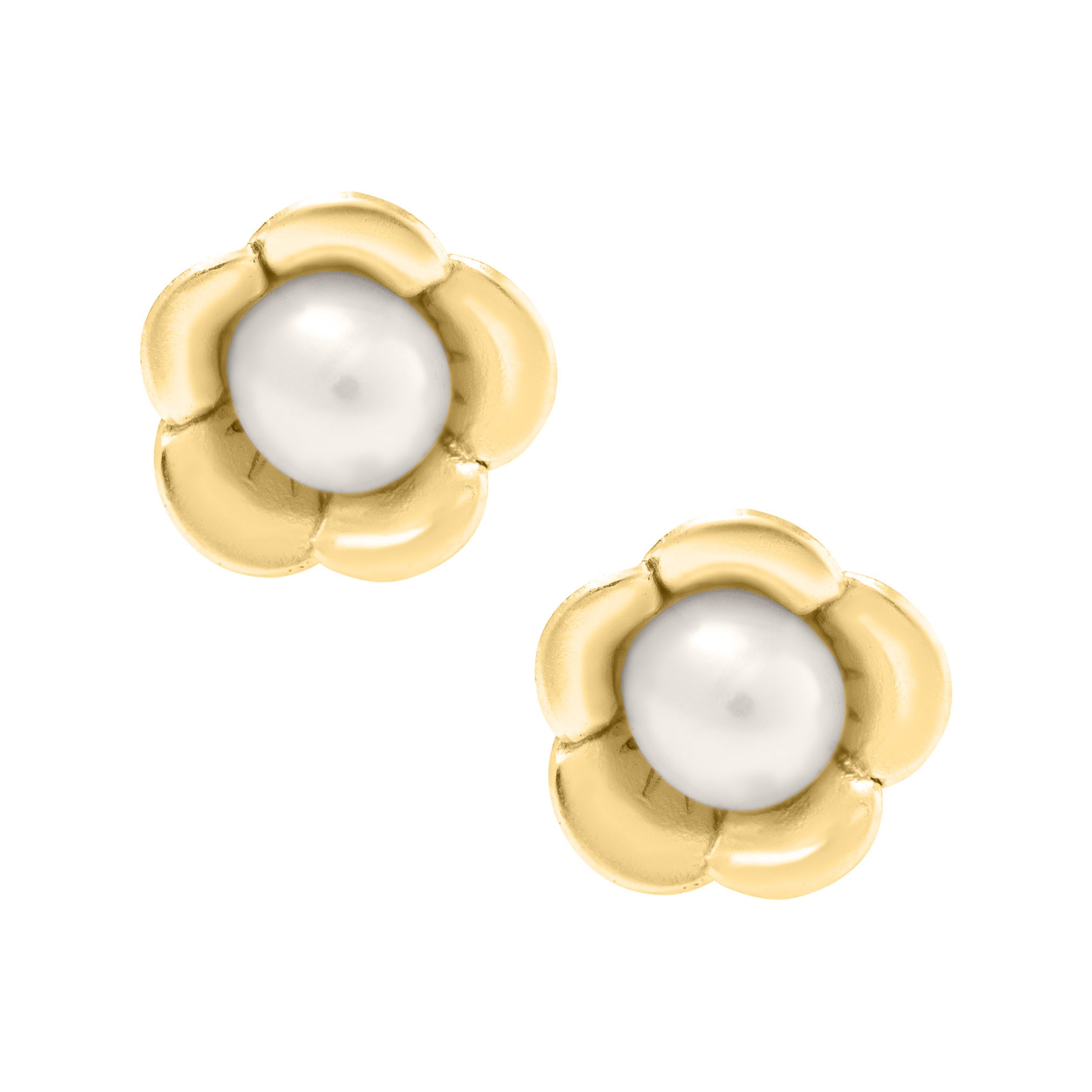 Children's Pearl Flower Stud Earrings in 14K Yellow Gold