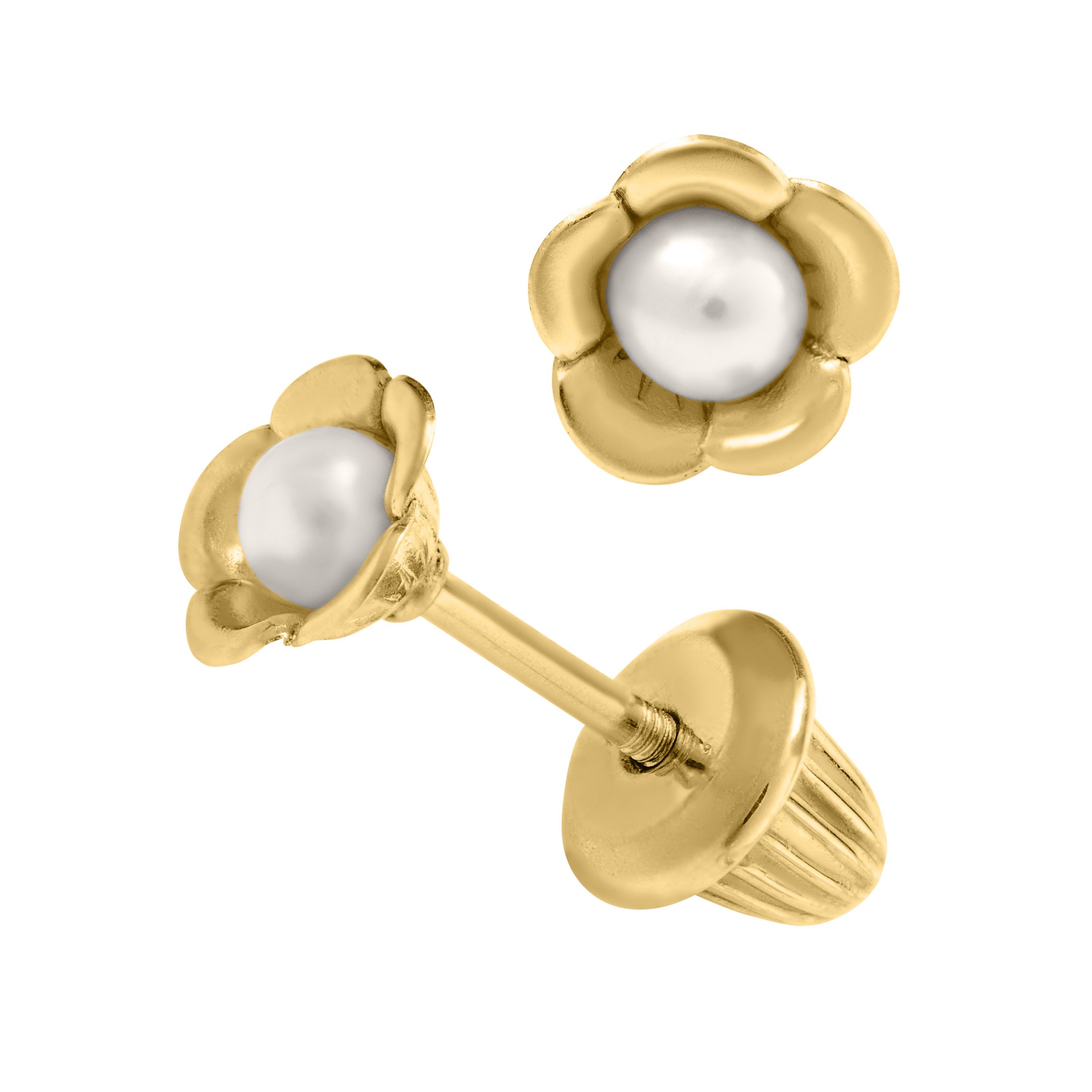 Children's Pearl Flower Stud Earrings in 14K Yellow Gold