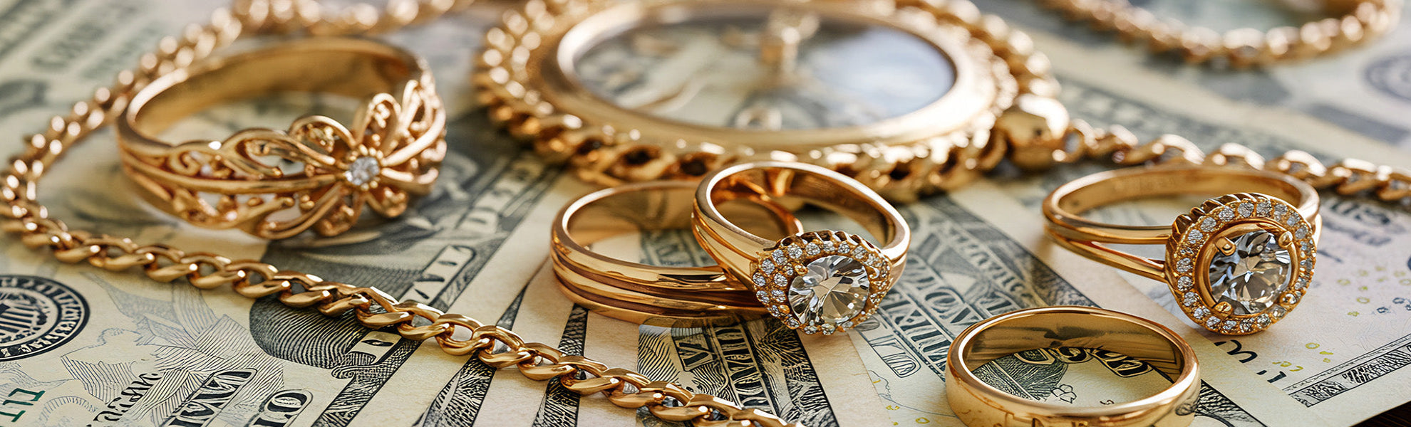 Gold rings with diamonds on top of US dollar bills