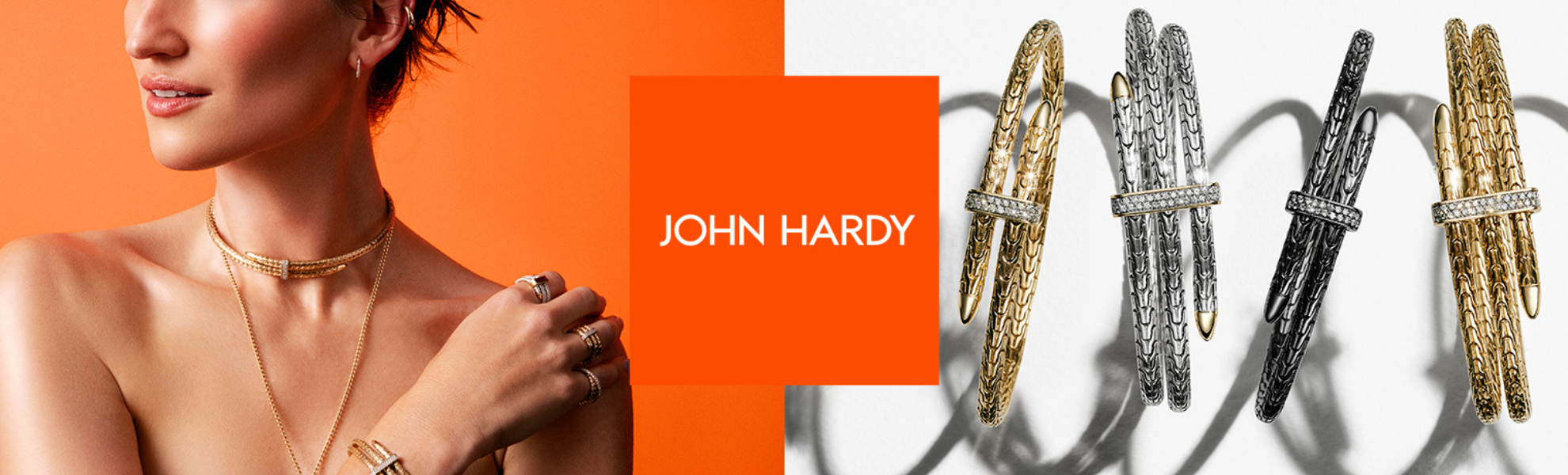 Woman wearing gold jewelry with John Hardy logo and bangles on an orange background