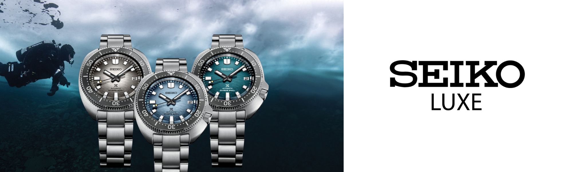 Three Seiko Luxe watches displayed with an underwater scene and the Seiko Luxe logo.