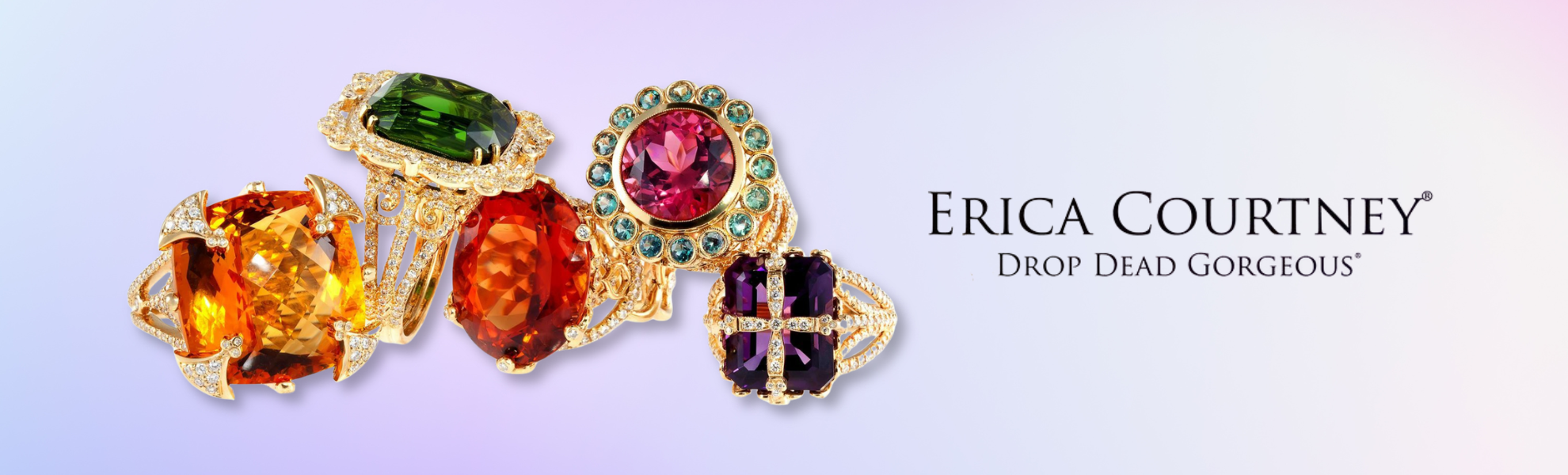 Colorful gemstone rings with gold accents on a light purple background, featuring the brand 'Erica Courtney'.