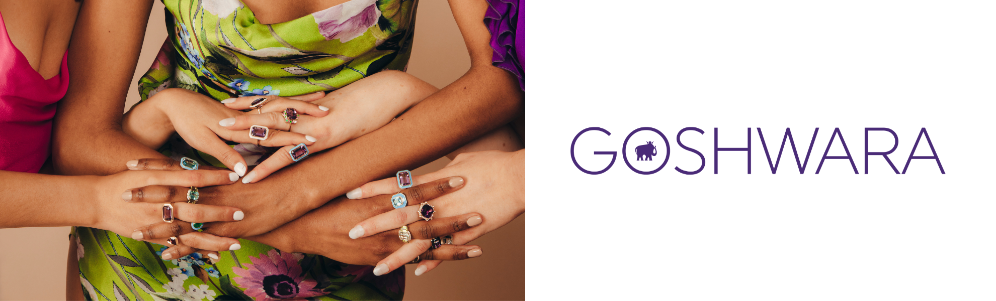 Hands with rings displayed against a neutral background with 'Goshwara' branding.