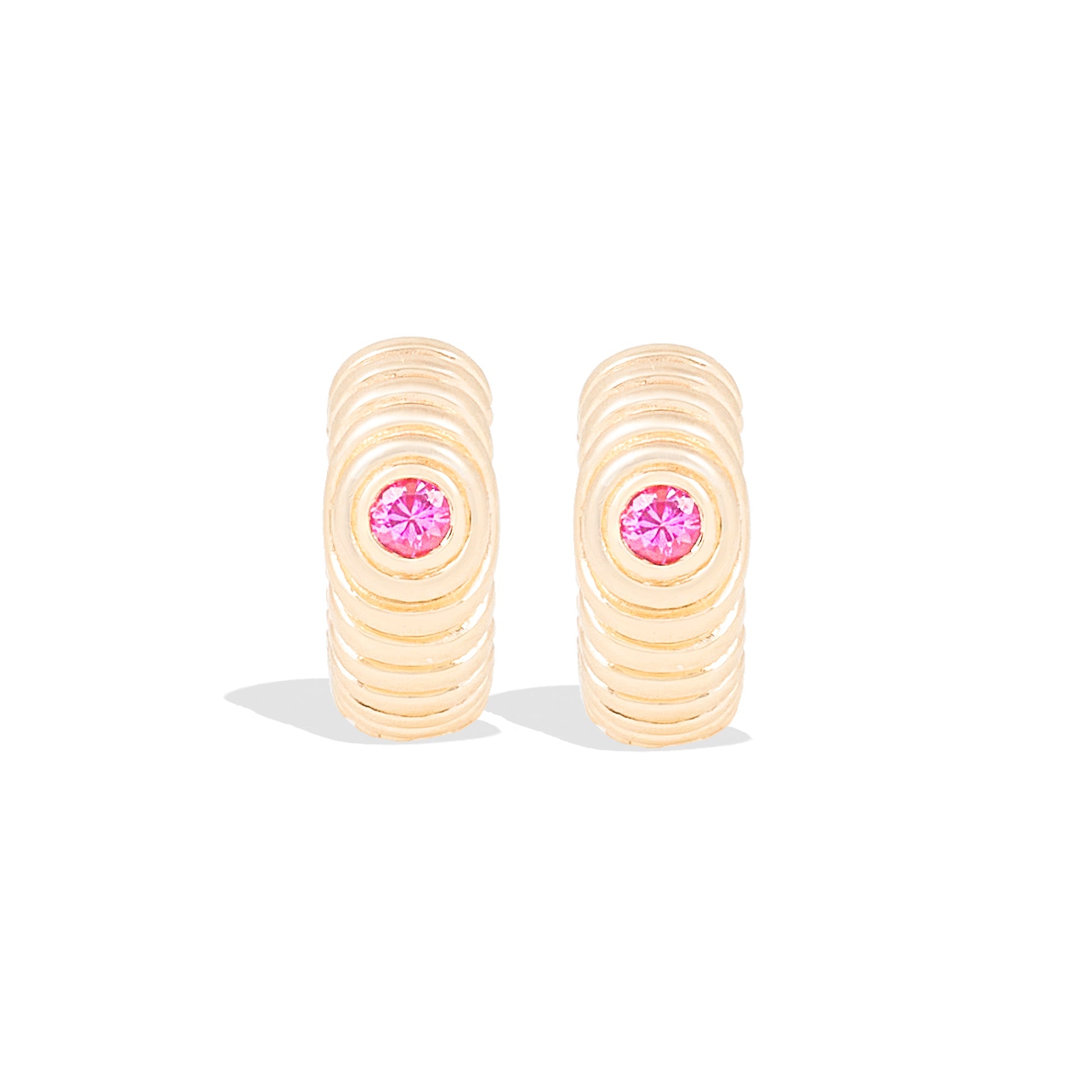 Campbell + Charlotte Revel Ribbed Pink Sapphire Huggie Hoop Earrings in 14K Yellow Gold