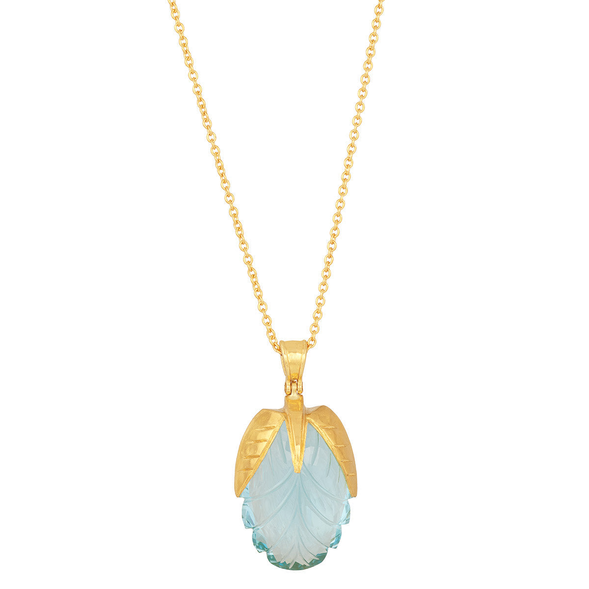 Gurhan Crown Carved Leaf Blue Topaz Necklace in 24K Yellow Gold