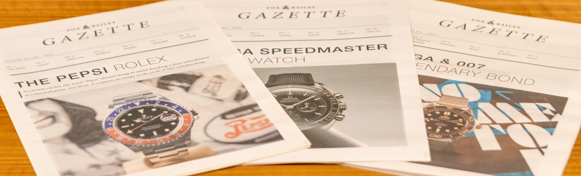 Three copies of a newspaper titled 'Gazette' with watches on a wooden surface.