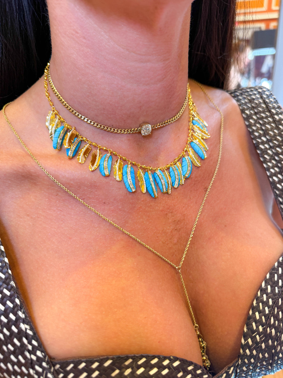 Buddha Mama Turquoise Feather Collar Necklace in 20K Yellow Gold