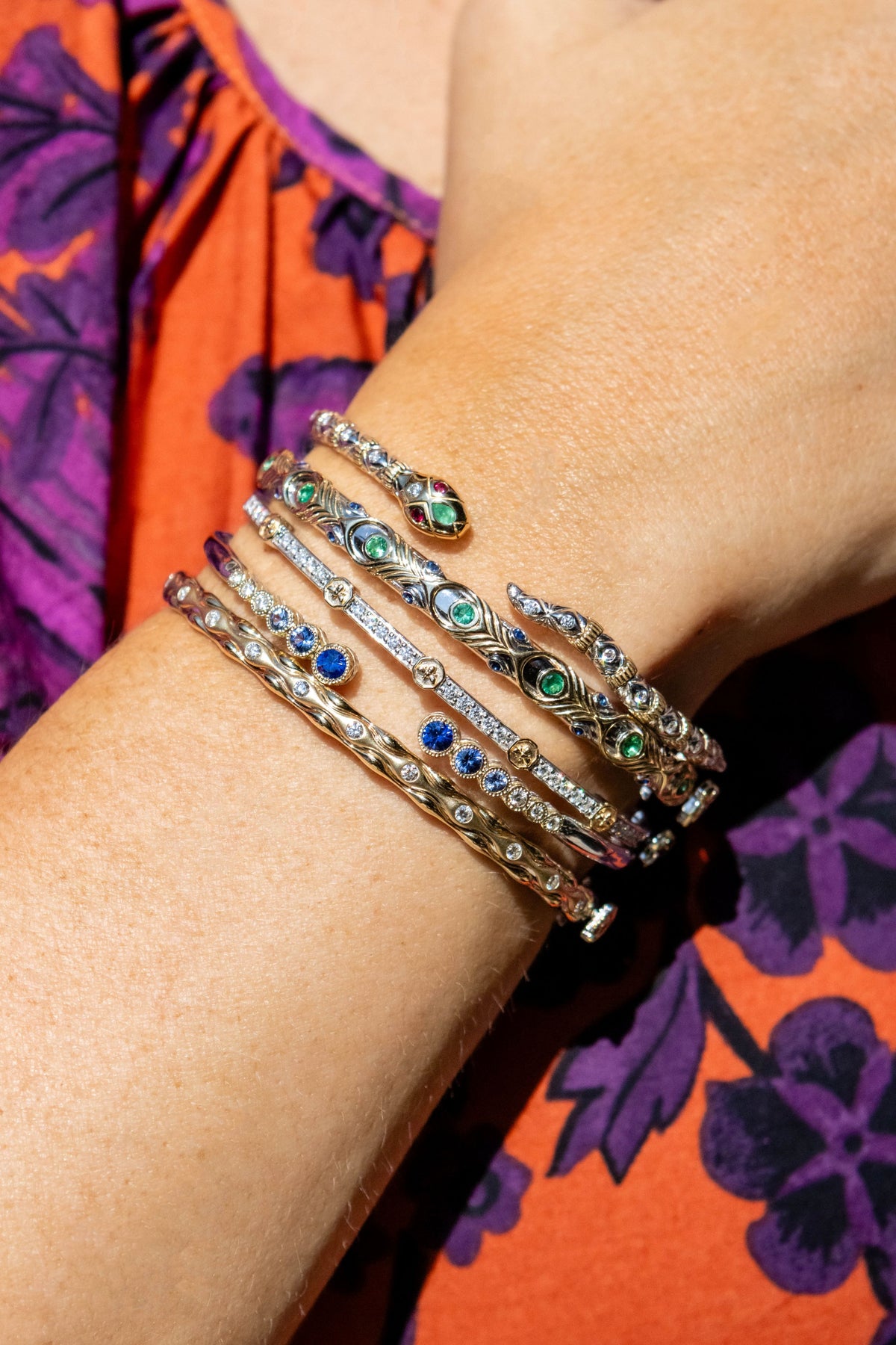 Three Stories Open Bezel Set Blue Sapphire Bangle in 14K Yellow Gold