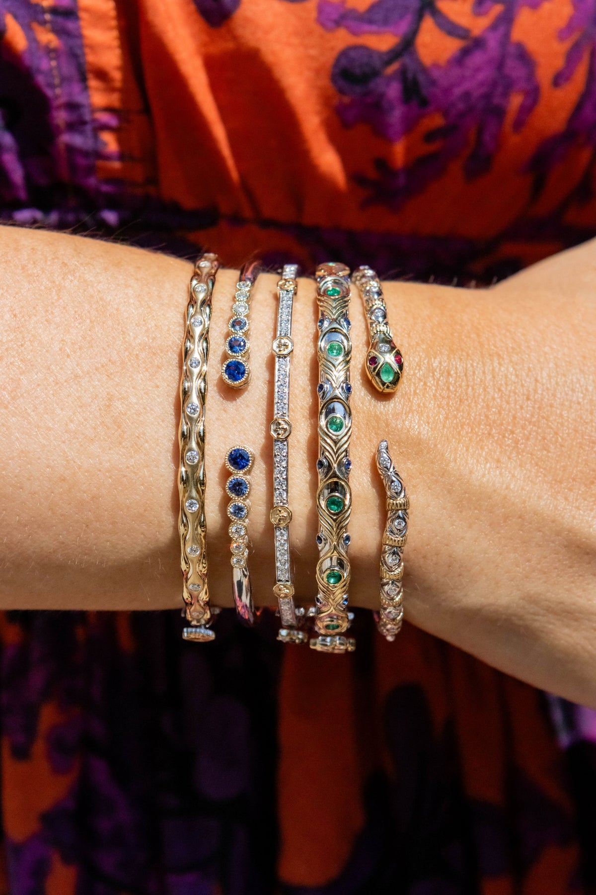 Three Stories Open Bezel Set Blue Sapphire Bangle in 14K Yellow Gold