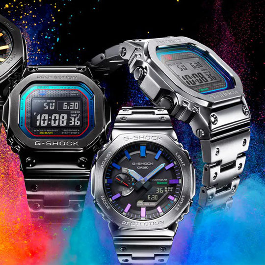 Three Casio G-Shock watches on a colorful gradient background