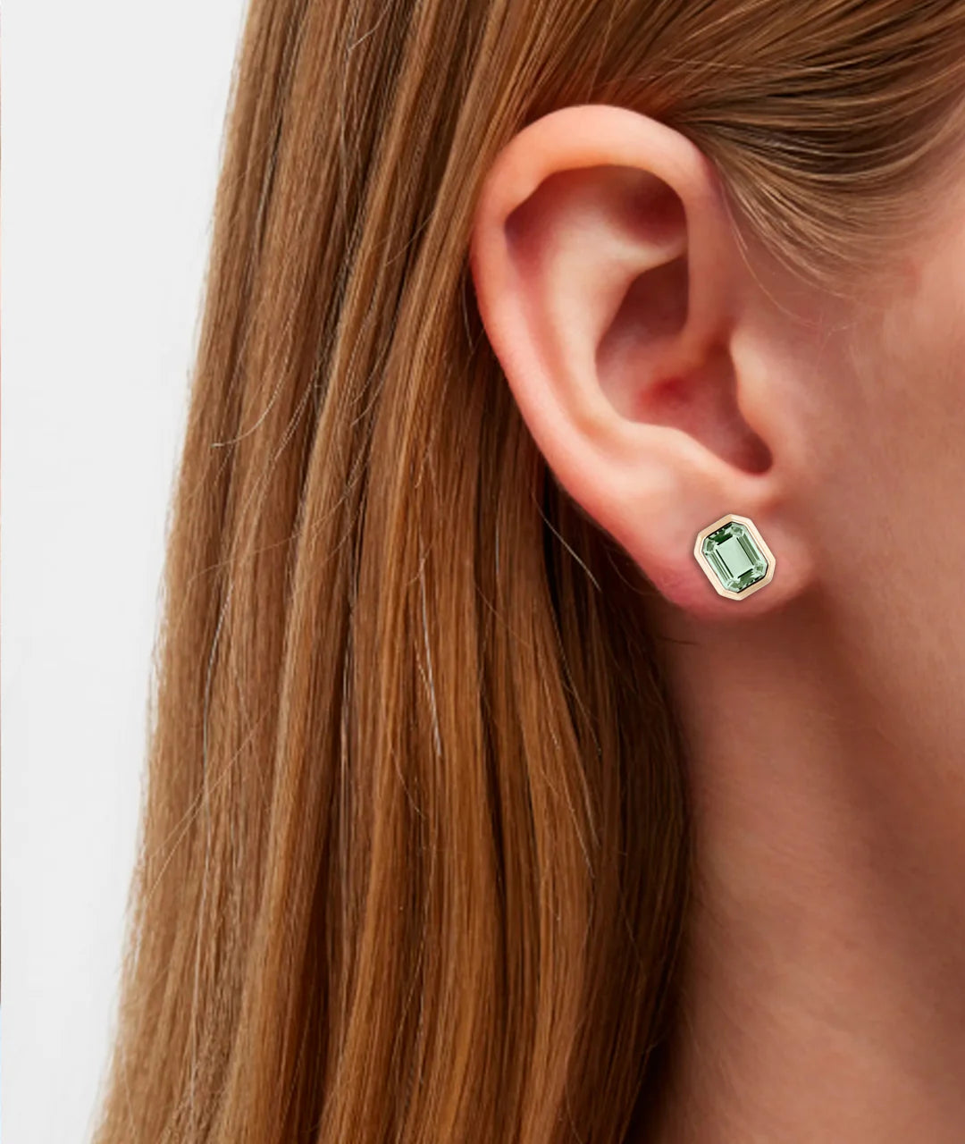 Goshwara Prasiolite Emerald Cut Bezel Set Stud Earrings in Yellow Gold