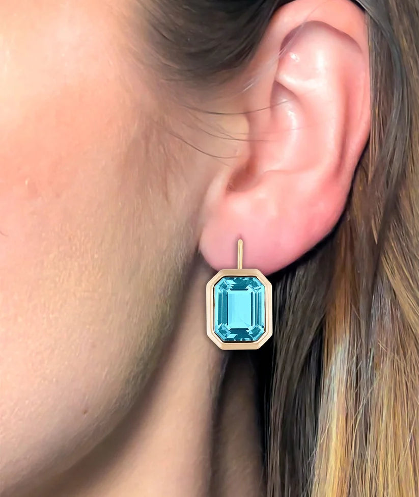 Goshwara Manhattan Blue Topaz Emerald Cut Earrings in 18K Yellow Gold