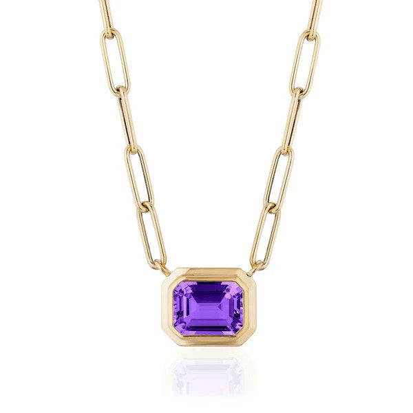 Goshwara Manhattan Amethyst Emerald Cut Bezel Set Necklace in Yellow Gold