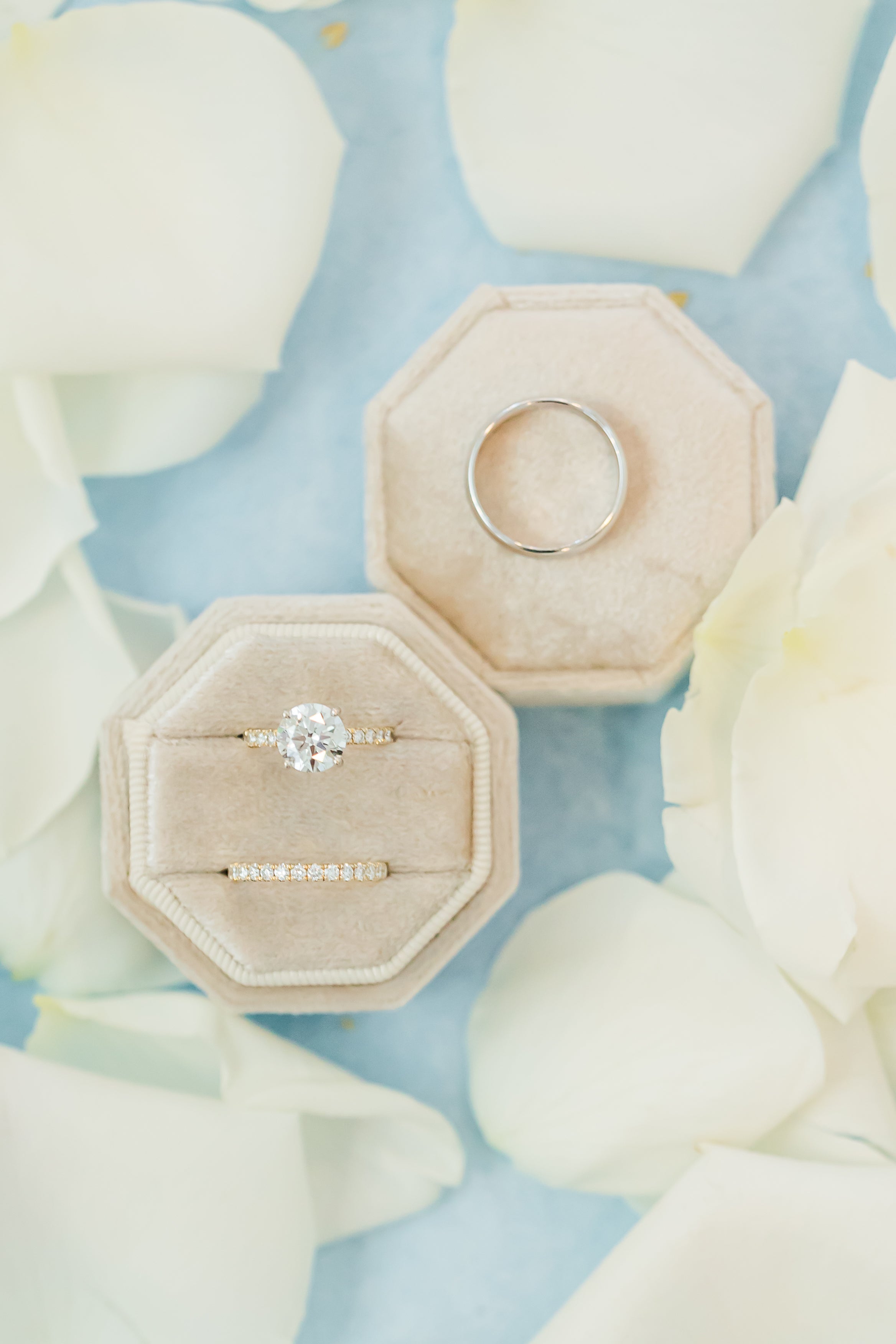 Two rings on hexagonal beige stands against a light blue background