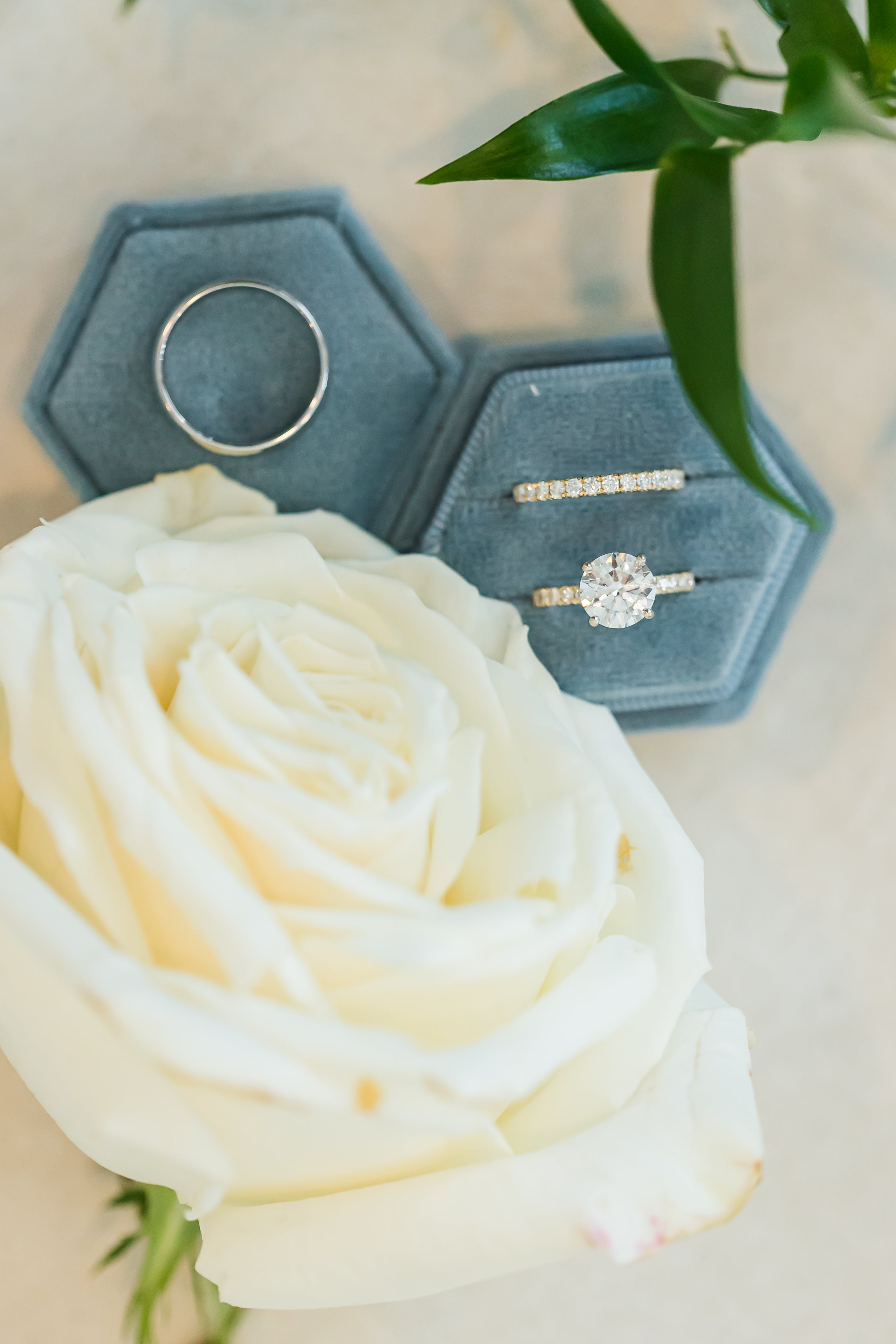 two wedding bands and diamond engagement ring displayed in blue box with white rose and green leaves on a neutral surface