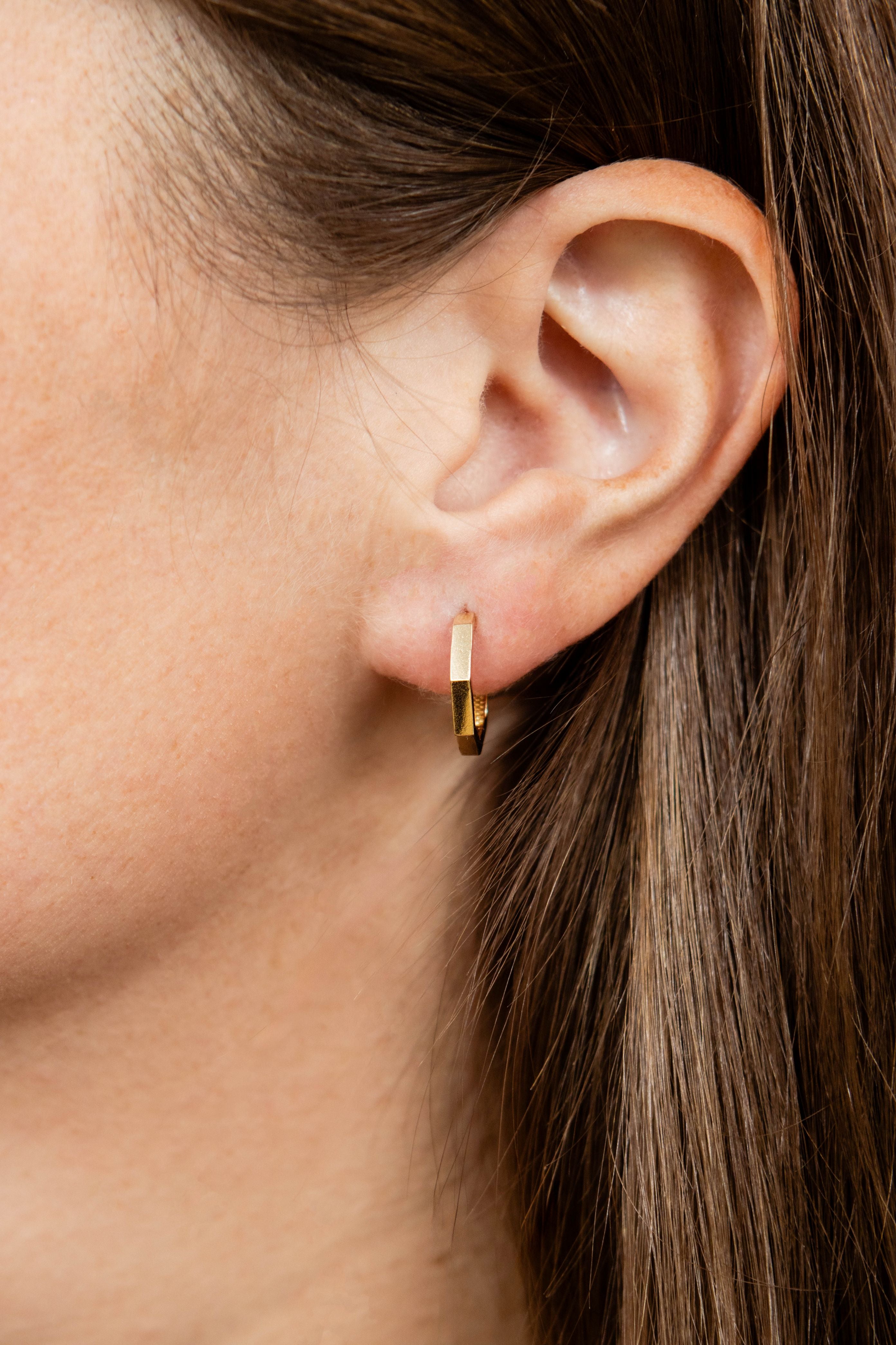 Hexagon Huggie Hoop Earrings in 14K Yellow Gold