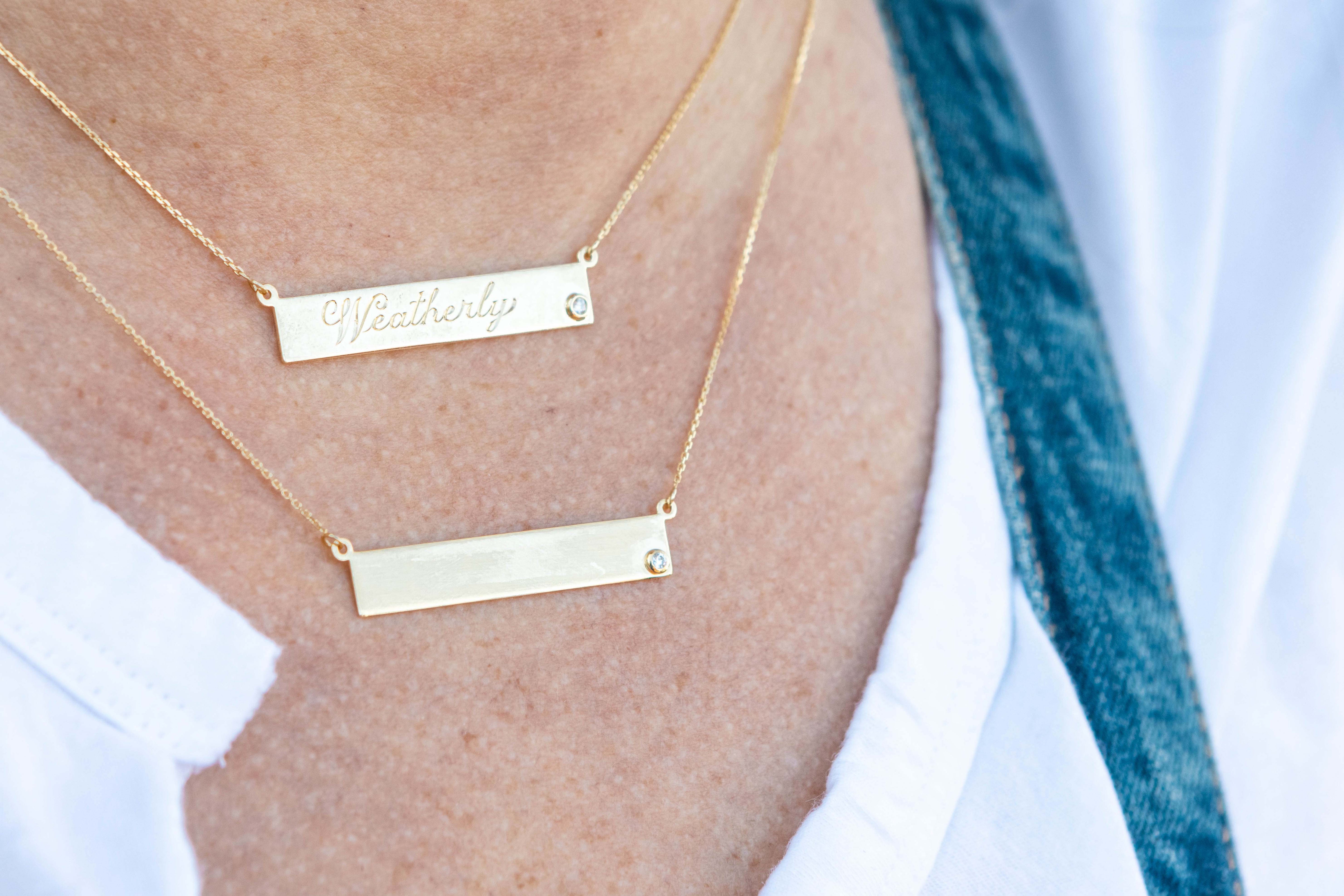 Bar Plate Necklace with Single Diamond in 14K Yellow Gold