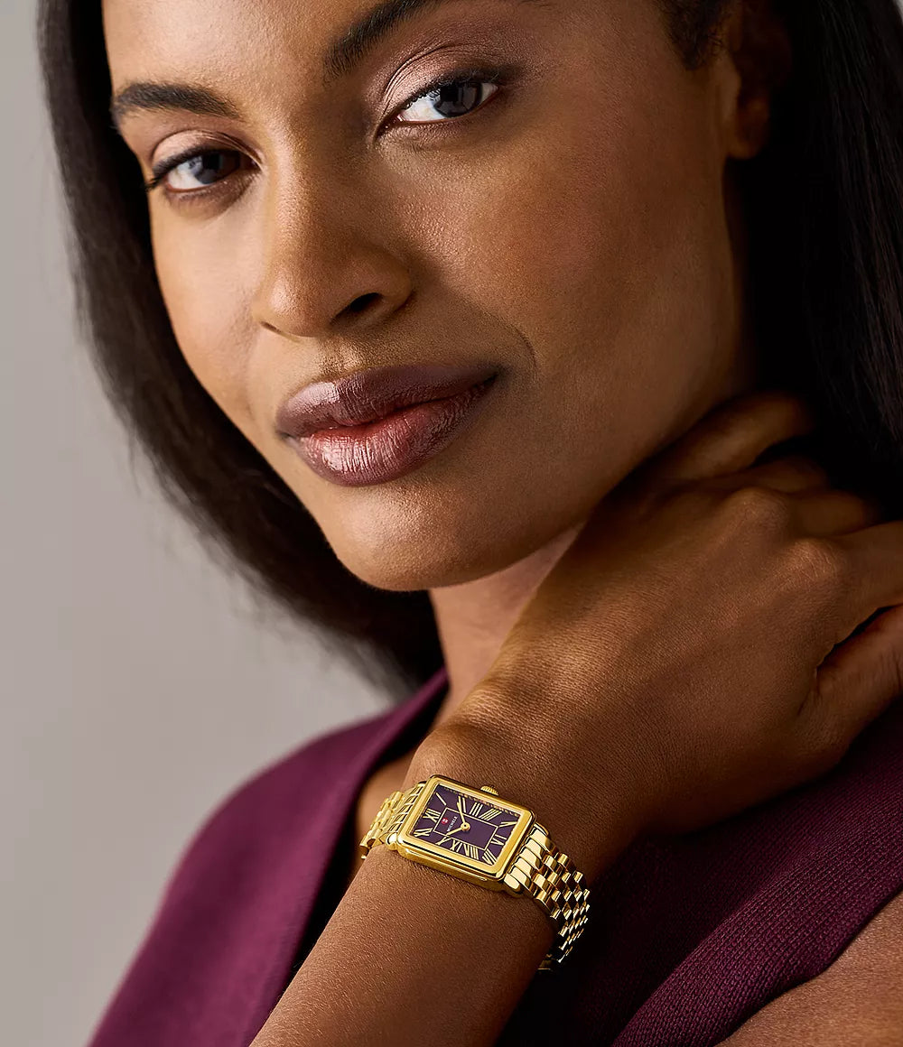 Michele Deco Park 18K Gold Plated Dark Cherry Dial Watch, 29MM