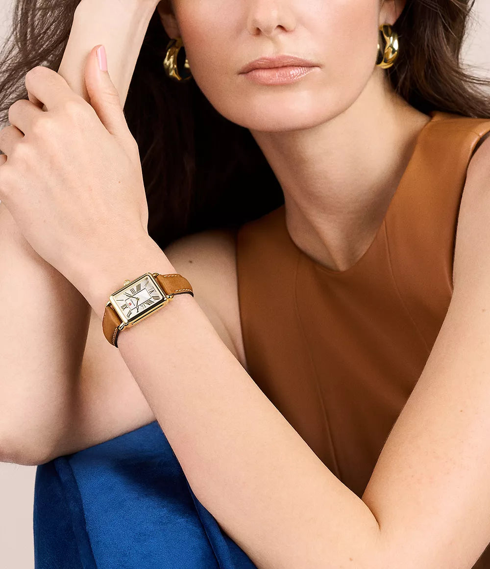 Michele Deco Park Gold-Plated Brown Leather Watch, 29MM