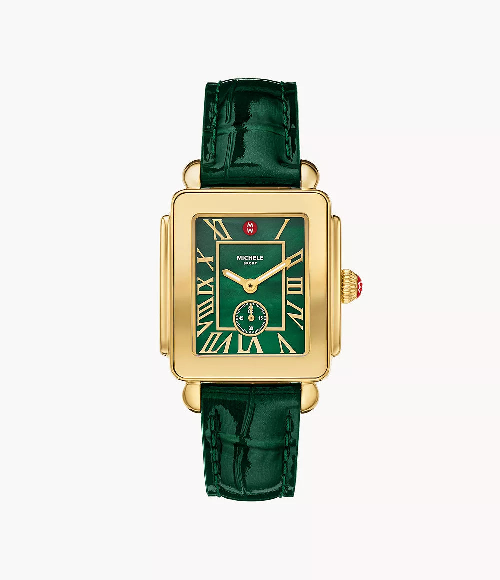 Michele Deco Sport Mid Gold-Plated Lush Green Leather Watch