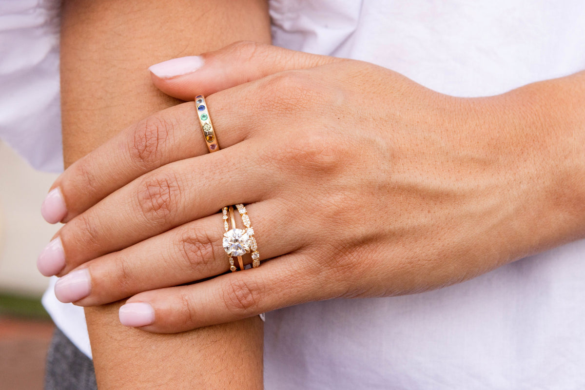 Alternating Bezel & Pave Diamond Ring in 14K Yellow Gold, Size 7