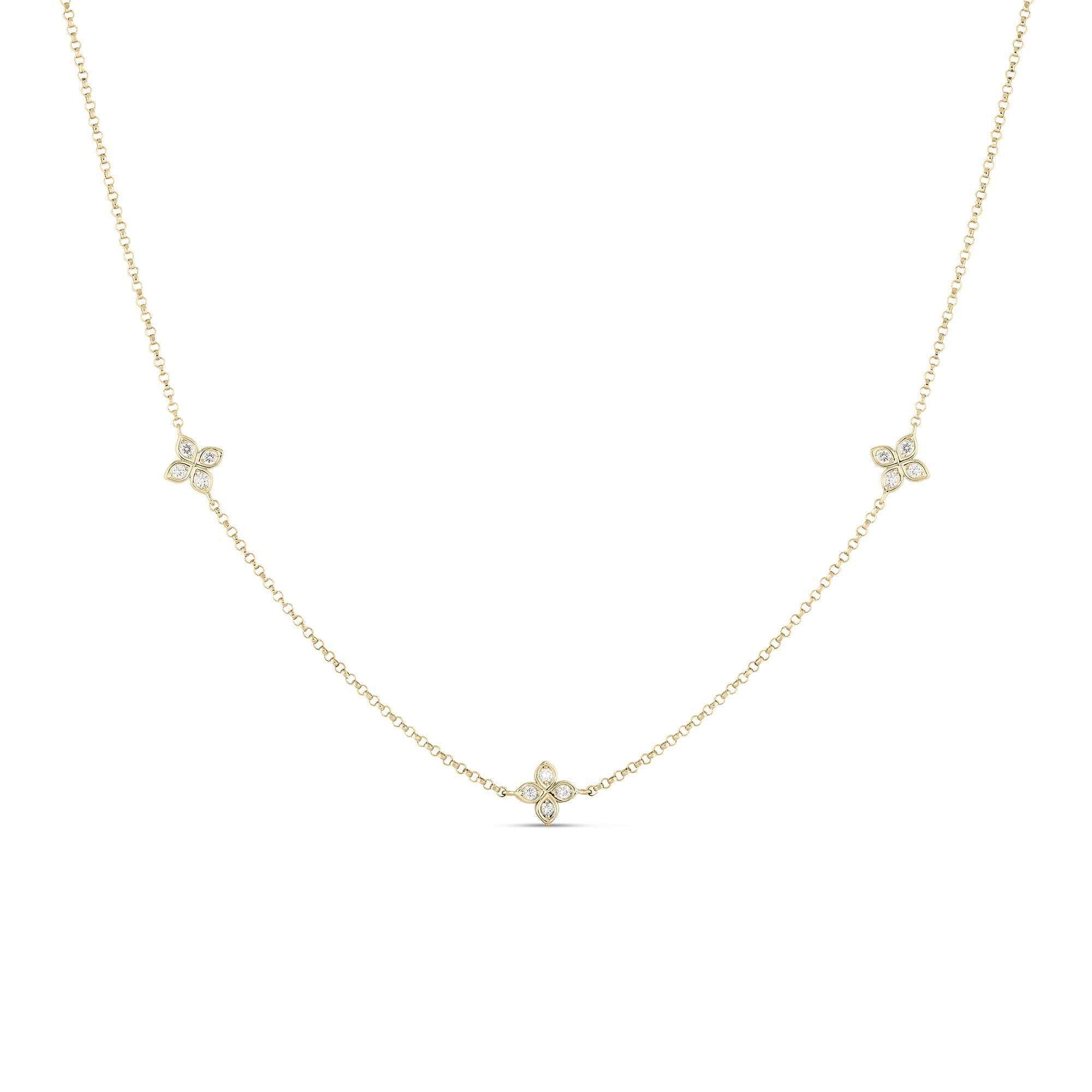 Roberto Coin Love by The Inch 3 Station Flower Necklace in 18 Yellow Gold, 17" Length