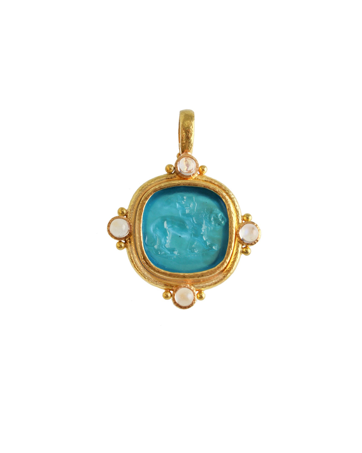 Elizabeth Locke Cupid Riding Lion Blue Pendant in 19K Yellow Gold