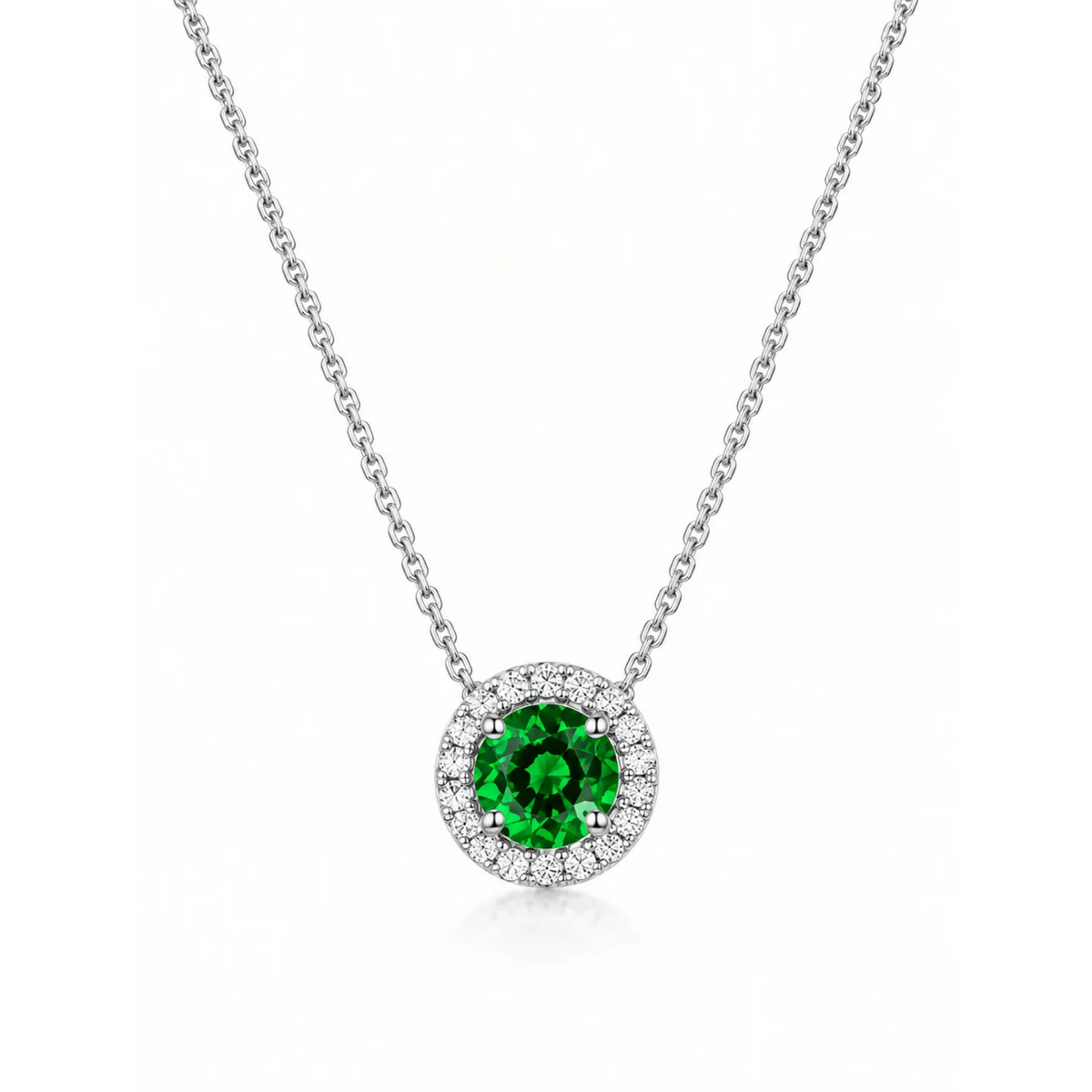 Round Emerald Diamond Halo Pendant Necklace in 14K White Gold