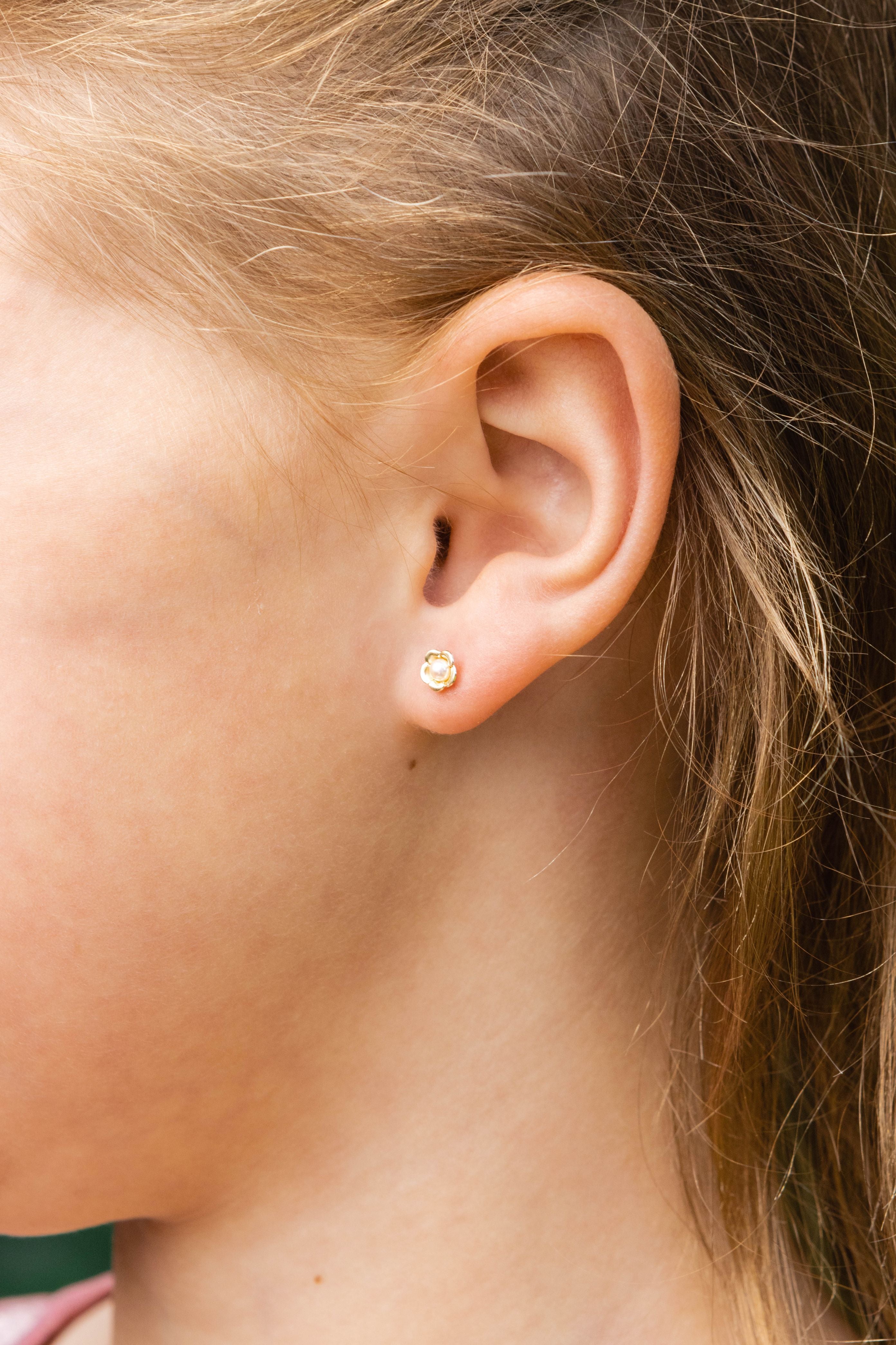 Children's Pearl Flower Stud Earrings in 14K Yellow Gold