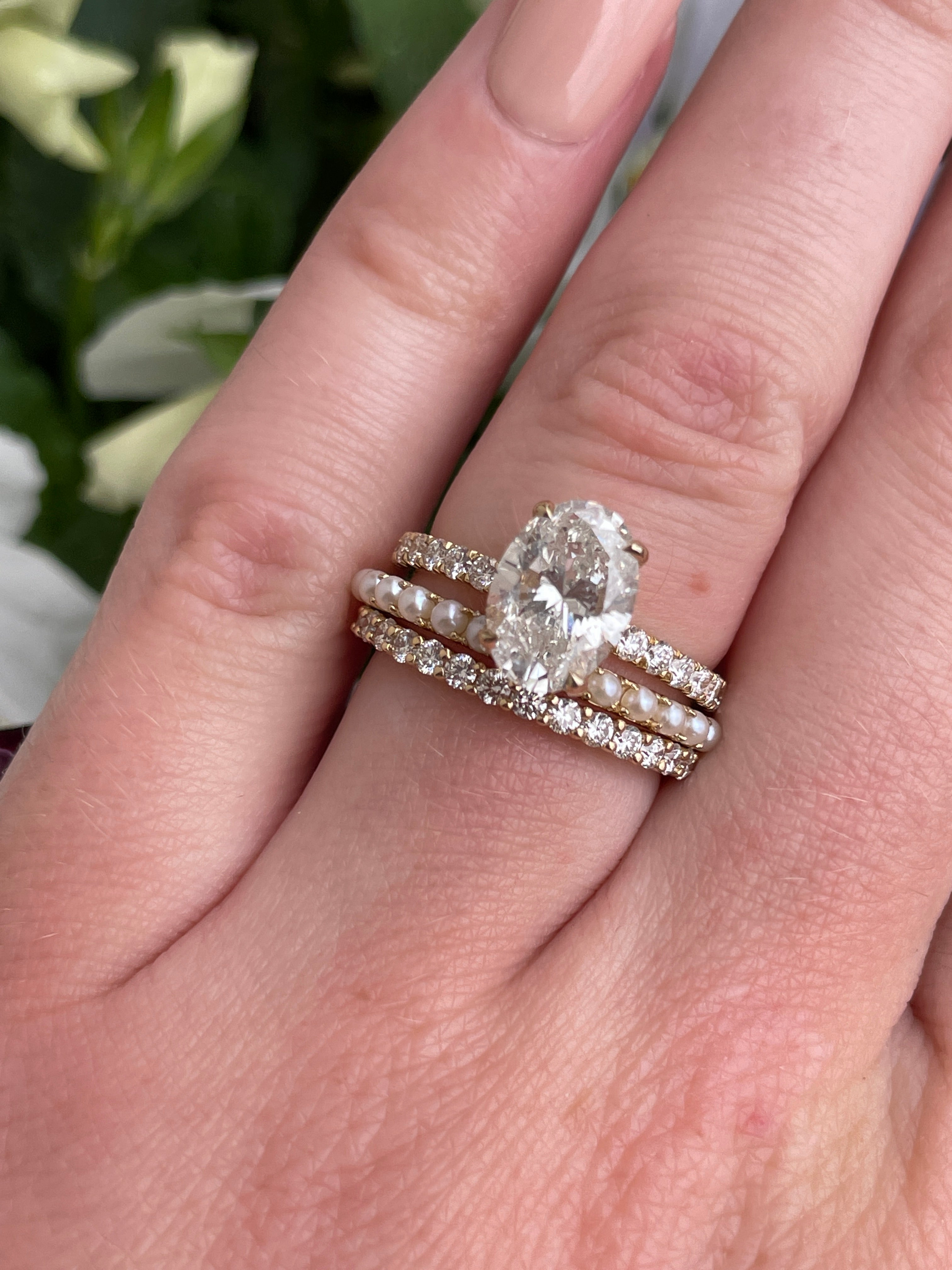 Pave Pearl Band in 14K Yellow Gold, Size 7