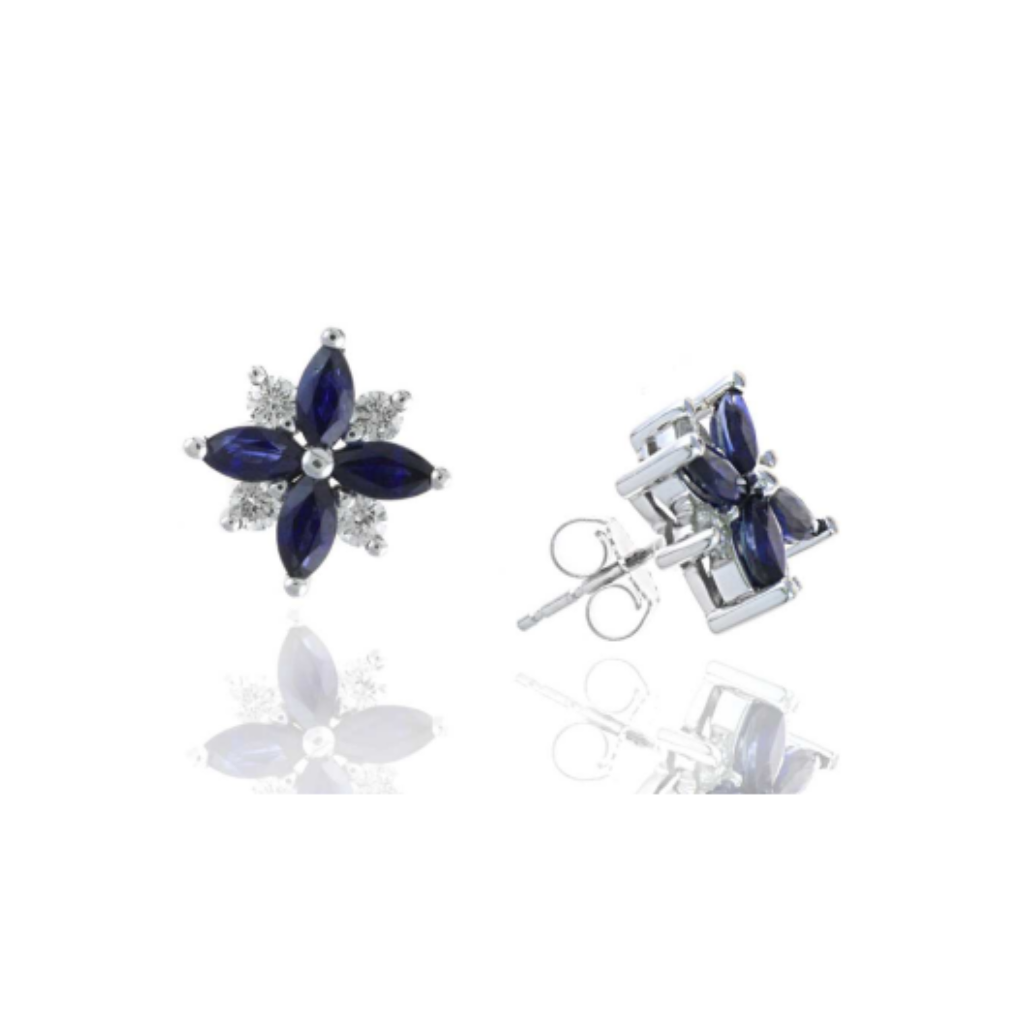 Sapphire Diamond Flower Stud Earrings in 14K White Gold