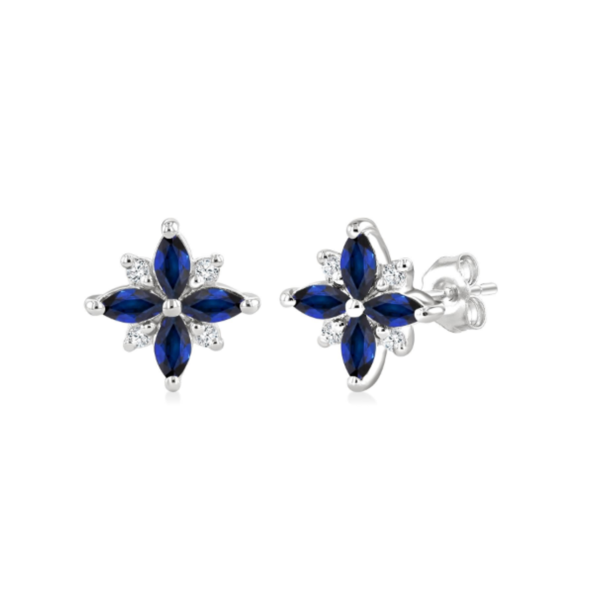 Sapphire Diamond Flower Stud Earrings in 14K White Gold