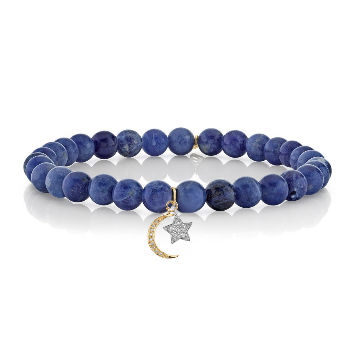 Sydney Evan Moon & Star Charm Sodalite Beaded Bracelet in 14K Yellow & White Gold