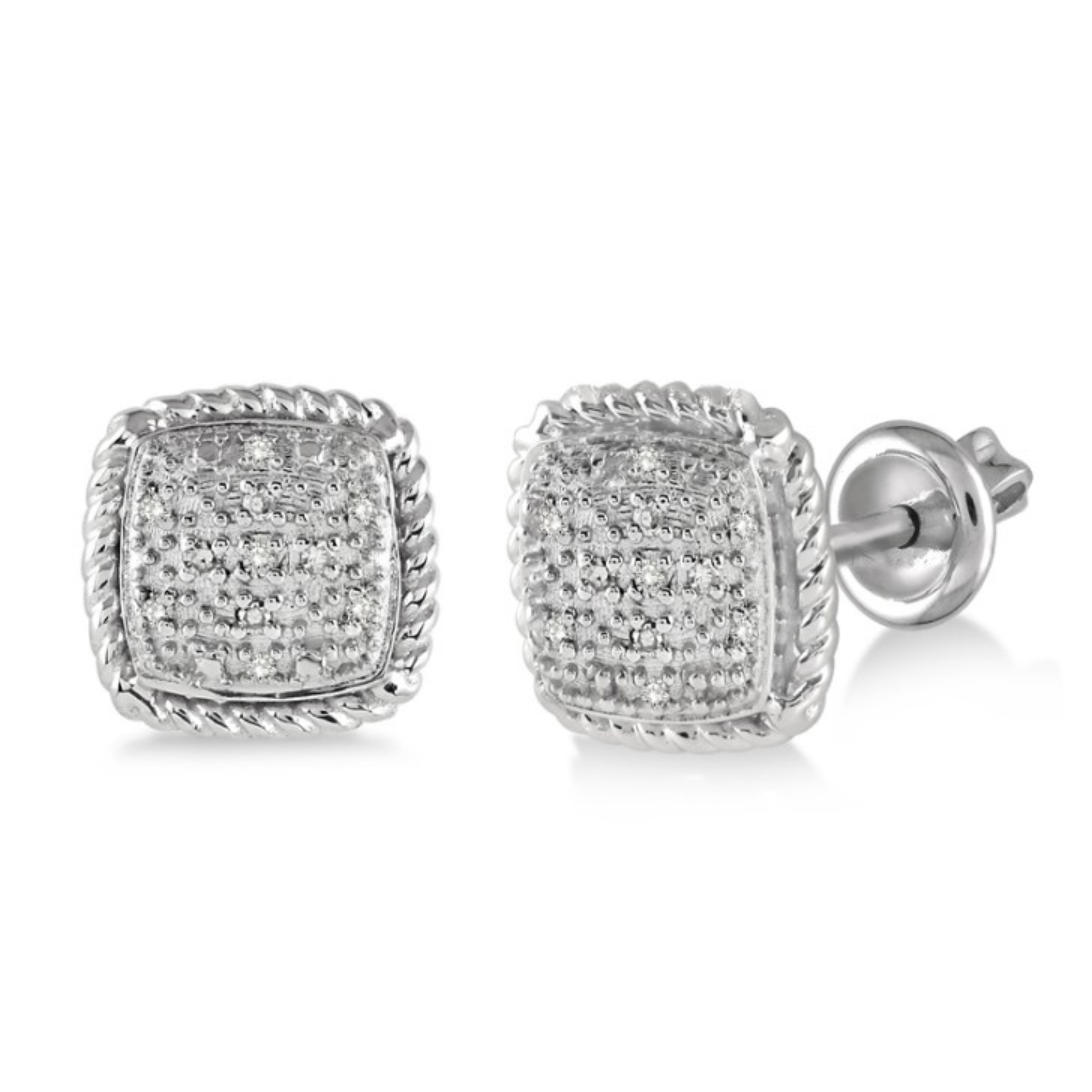 Pave Diamond Cushion Stud Earrings in Sterling Silver