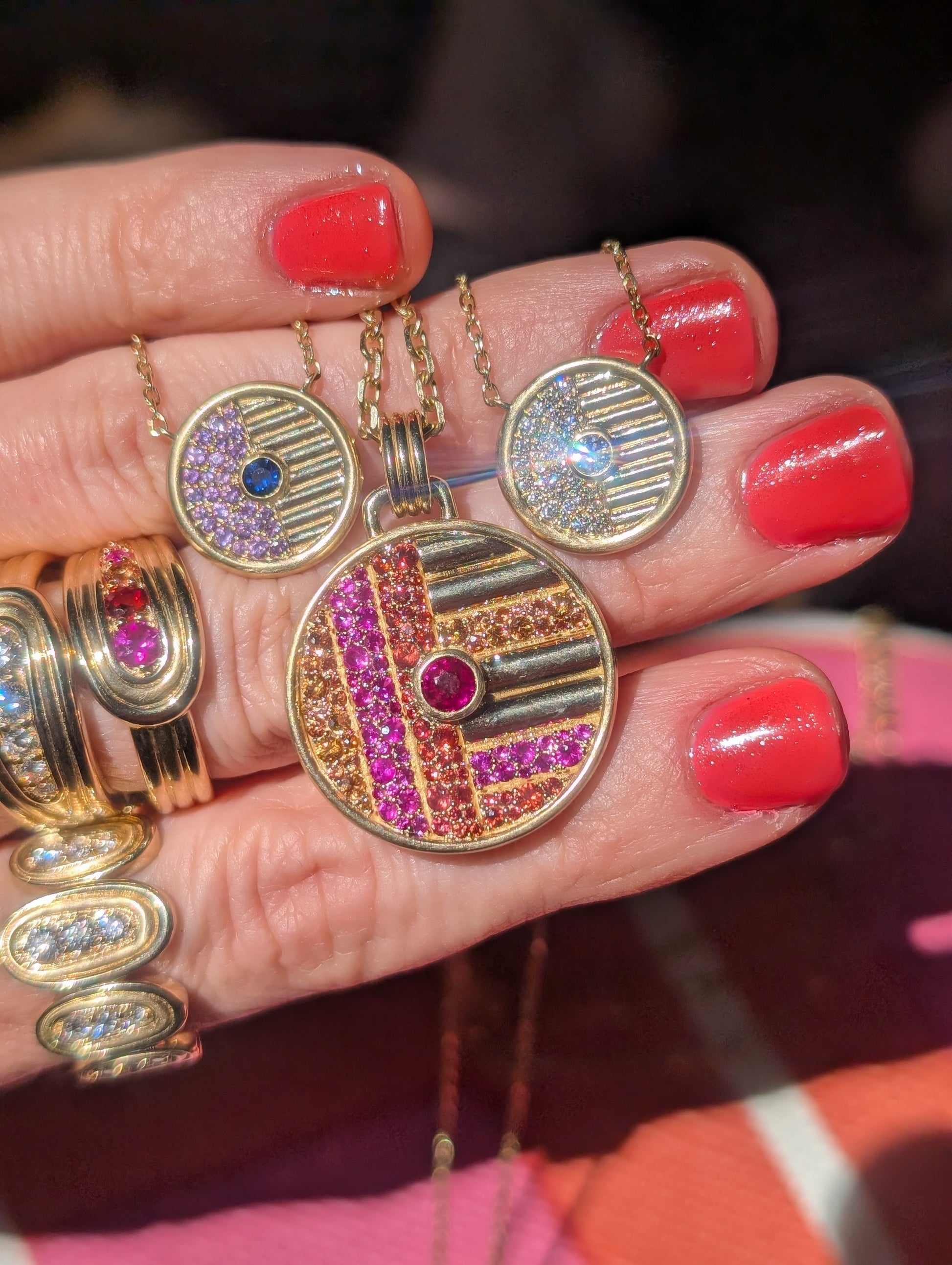 Campbell + Charlotte Large Orange & Pink Disc Pendant Necklace in 14K Yellow Gold