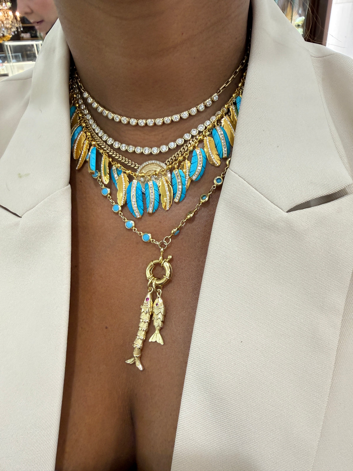 Buddha Mama Turquoise Feather Collar Necklace in 20K Yellow Gold