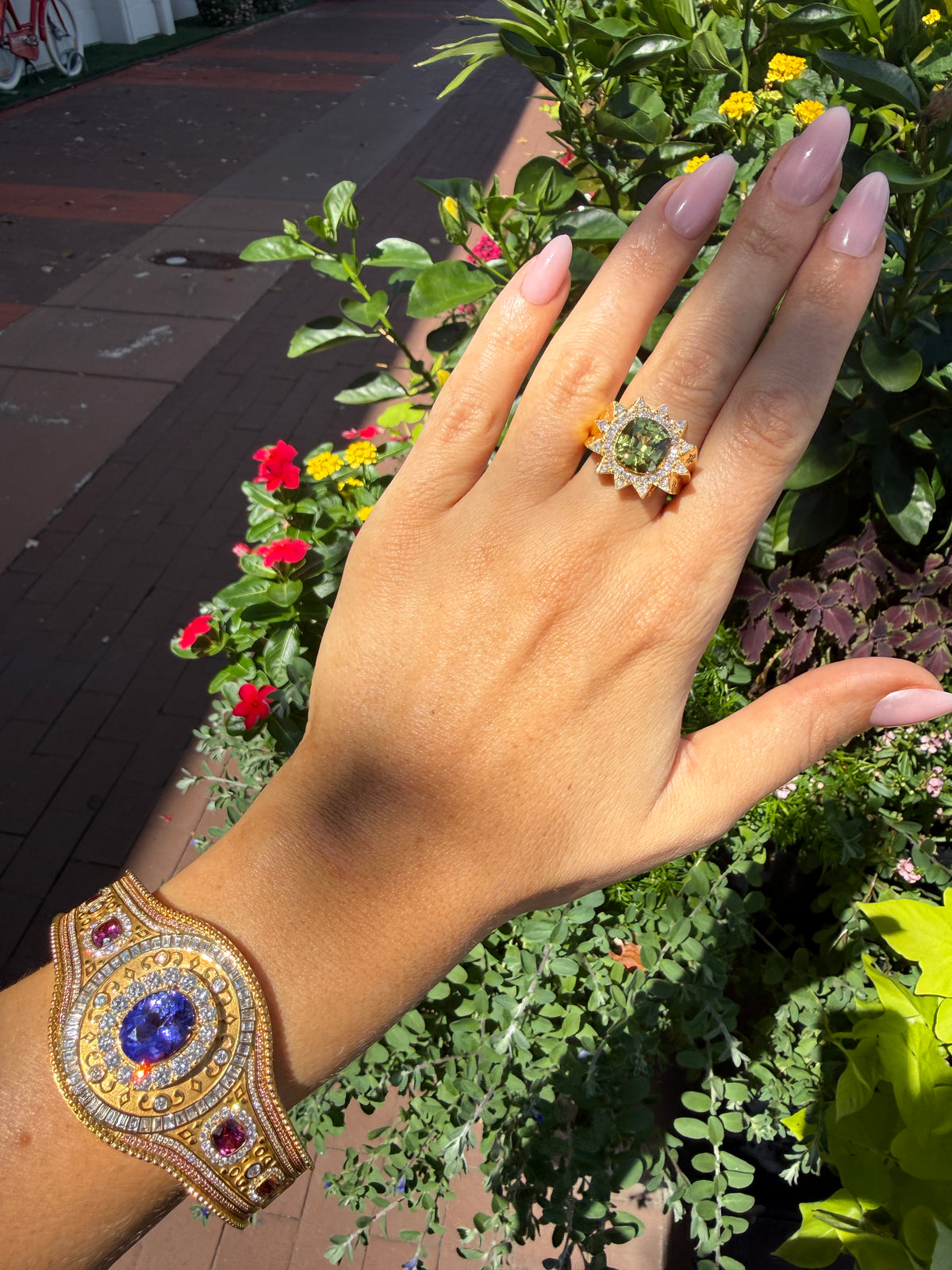 Buddha Mama Mali Garnet Sun Signet Ring in 20K Yellow Gold, Size 7.5