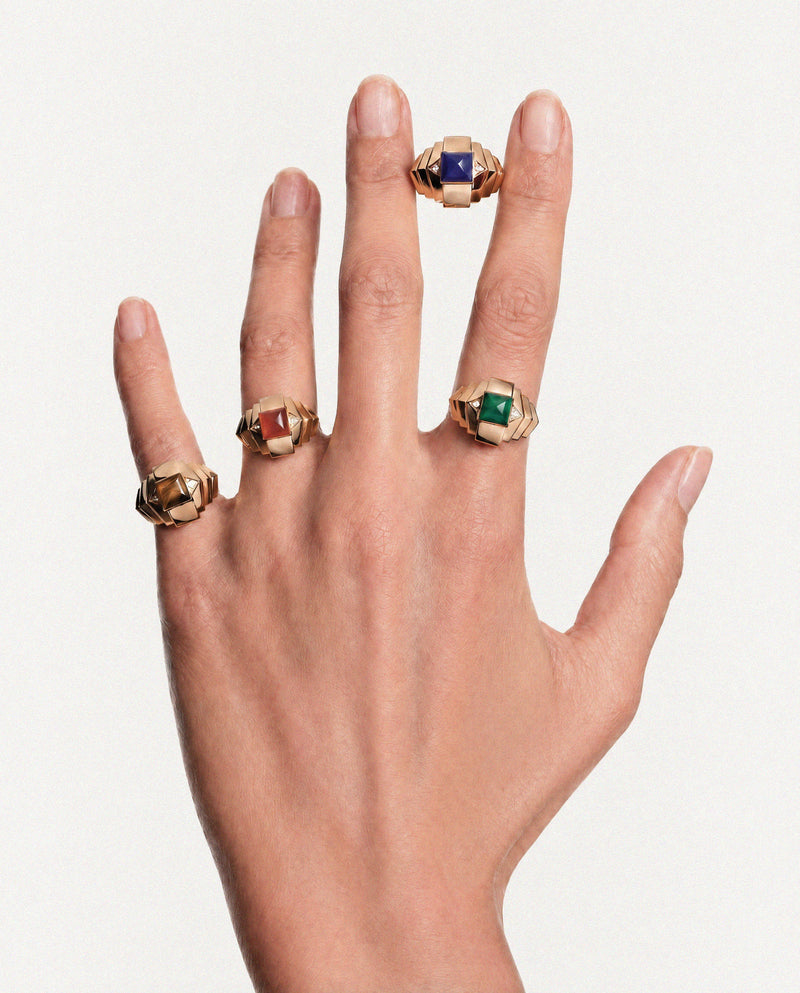 Statement Paris Tiger's Eye Rockaway Mini Pyramid Ring in 18K Yellow Gold, Size 6