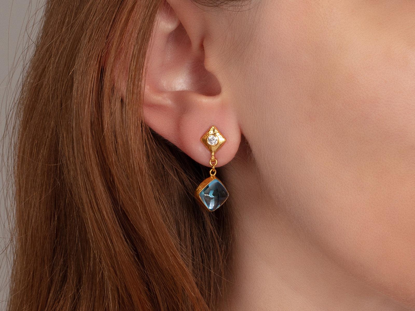 Gurhan Rune Blue Topaz Drop Earrings in 24K Yellow Gold