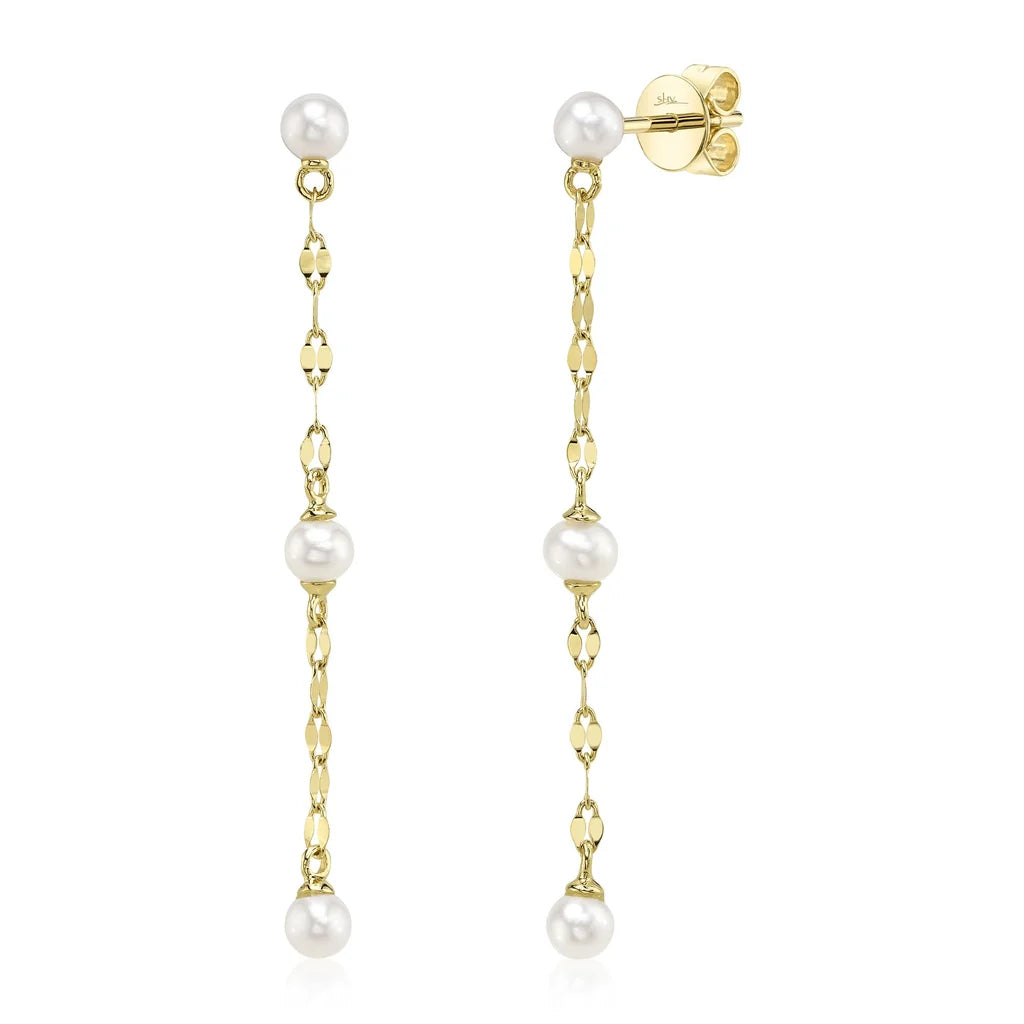 Pearl Station Drop Earrings in 14K Yellow Gold
