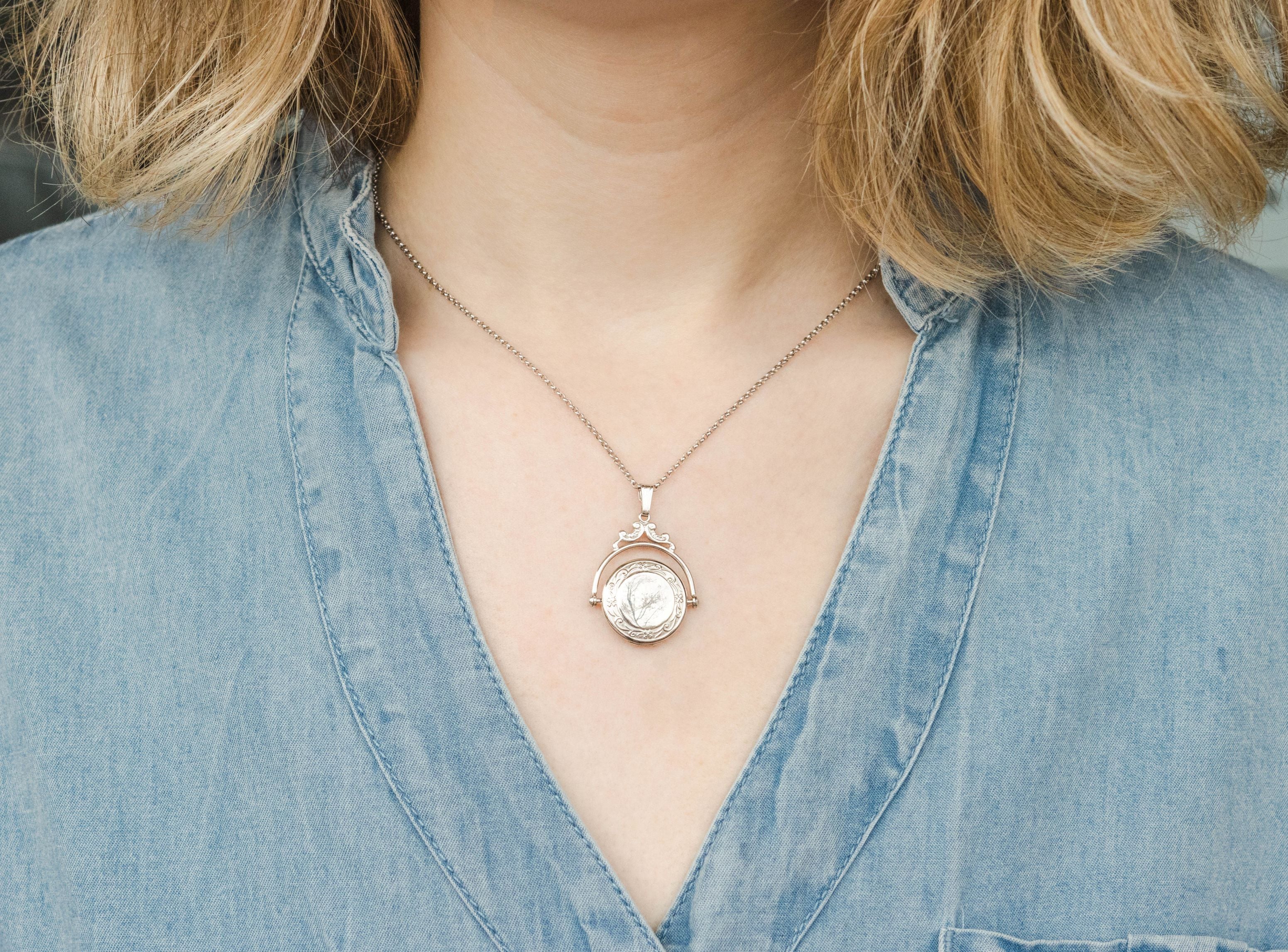 Round Spin Embossed Locket Necklace in Sterling Silver, 18" Length