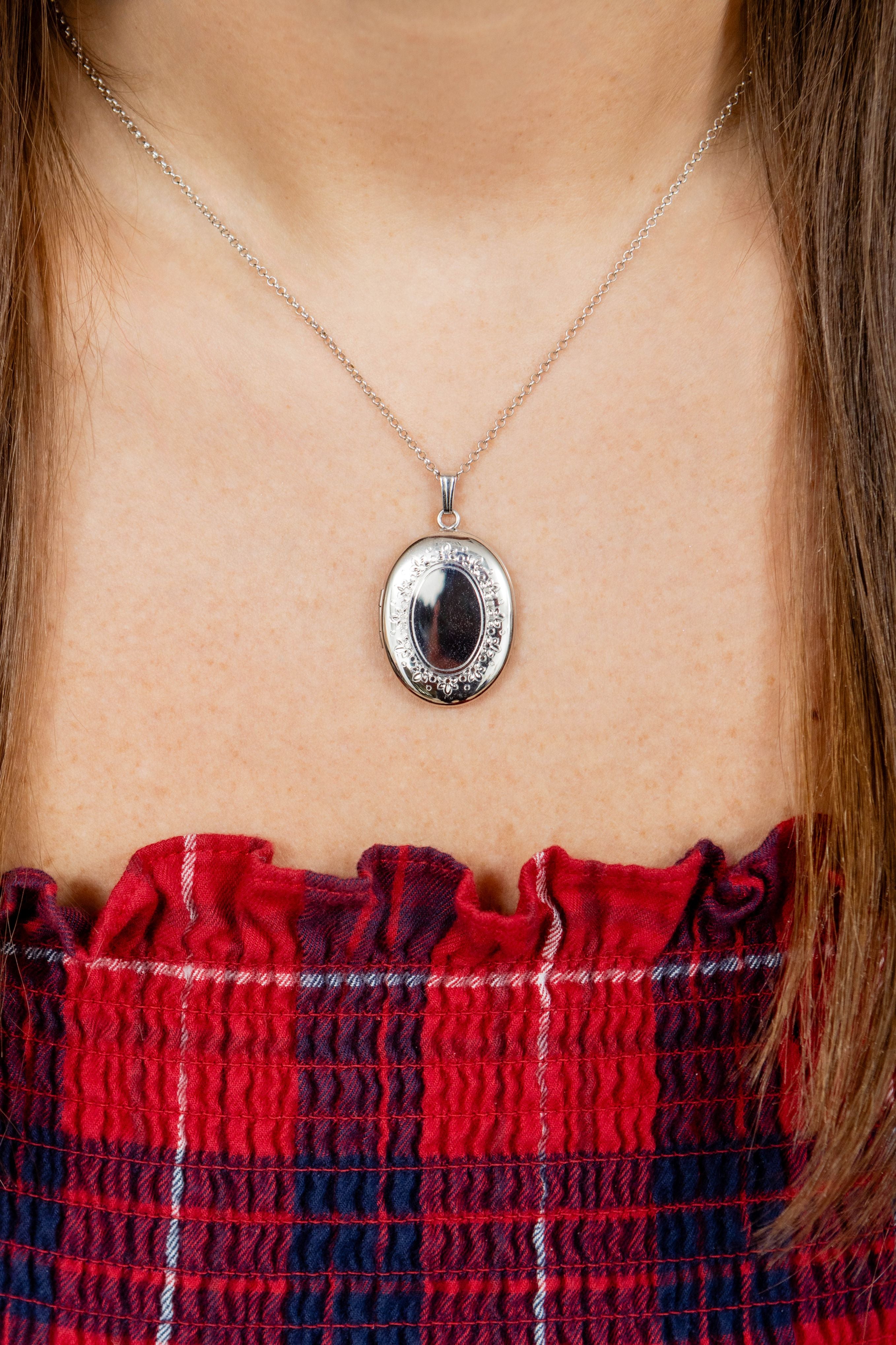 Oval Engravable Locket Necklace in Sterling Silver, 18" Length